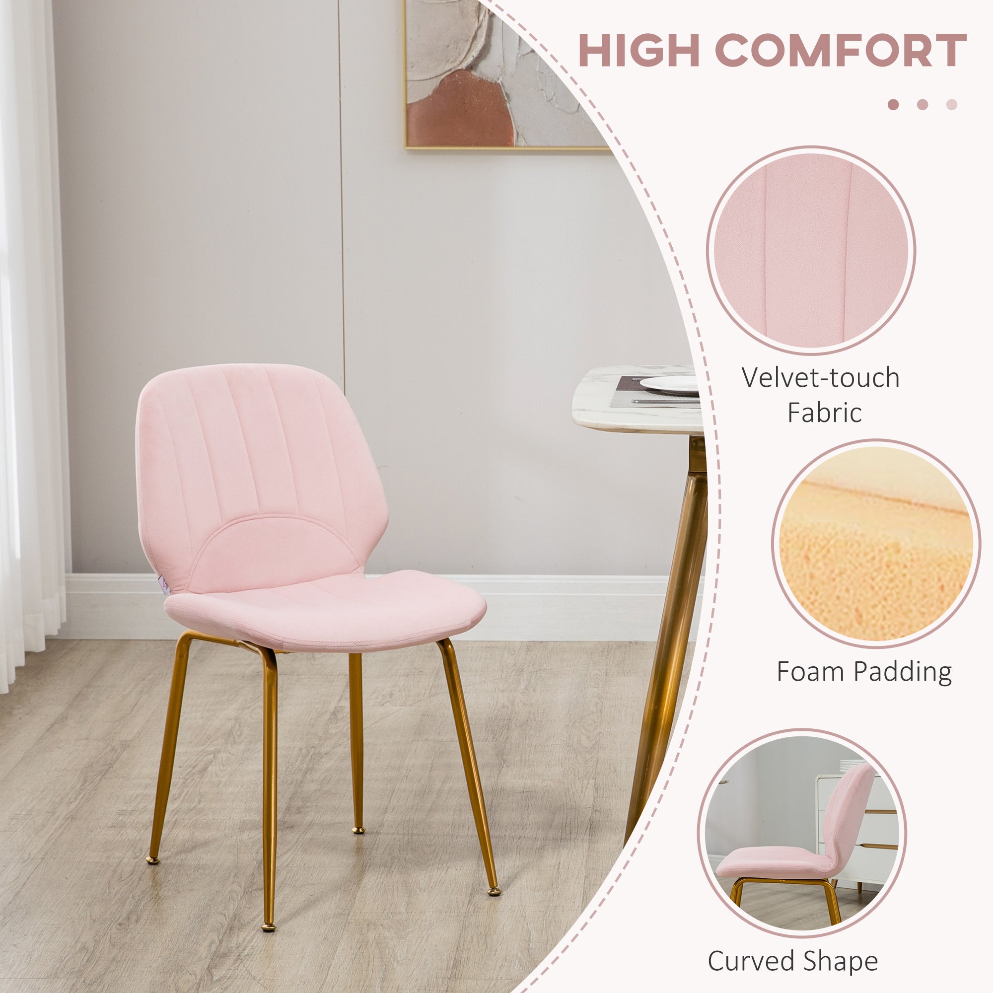 HOMCOM Velvet Dining Chairs Set of 2, 2 Piece Dining Room Chairs with Backrest, Padded Seat and Steel Legs, Pink - North Peak Garden Furniture