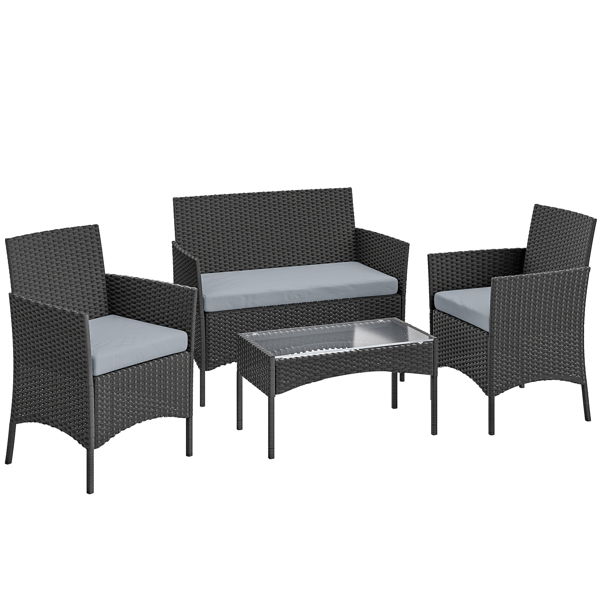 Outsunny 4 Piece Rattan Garden Furniture Sofa Set with Loveseat, Armchairs, Glass-Top Coffee Table and Cushions, Black