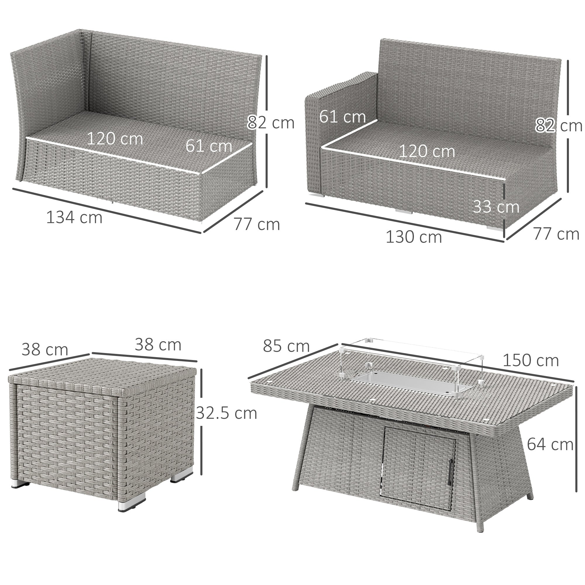 Outsunny 7 Pieces PE Rattan Garden Furniture Set, 50,000 BTU Gas Fire Pit Table, Double Corner Sofa and 3 Footstools, 6 Seater Furniture Sofa Sets with Cushions for Conservatory, Grey