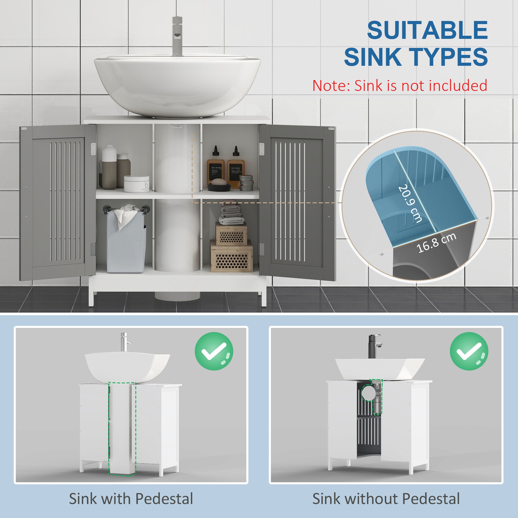 kleankin Modern Under Sink Cabinet with 2 Doors, Bathroom Vanity Unit, Pedestal Under Sink Design, Storage Cupboard with Adjustable Shelves, Grey - North Peak Garden Furniture
