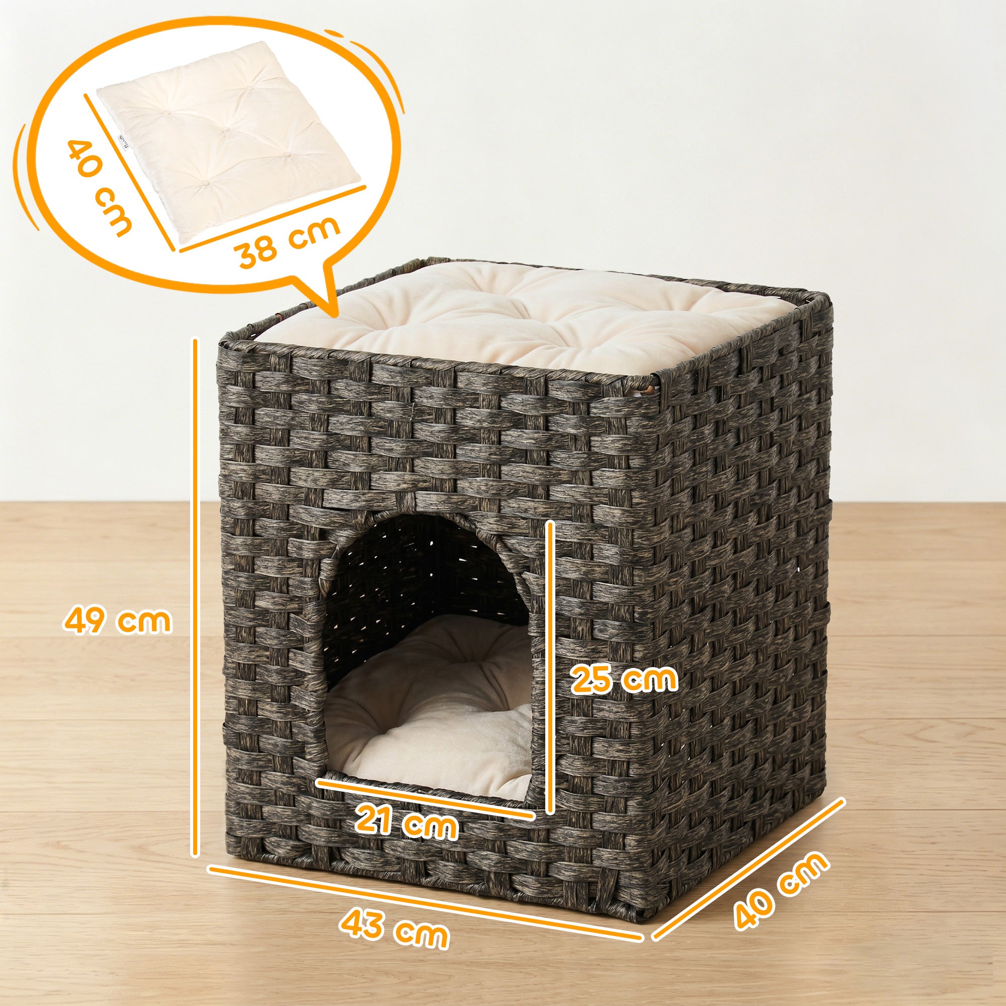 PawHut 2-Tier Wicker Cat House, Handwoven Rattan Cat Bed with Washable Cushions, Indoor Kitten Condo Hideaway