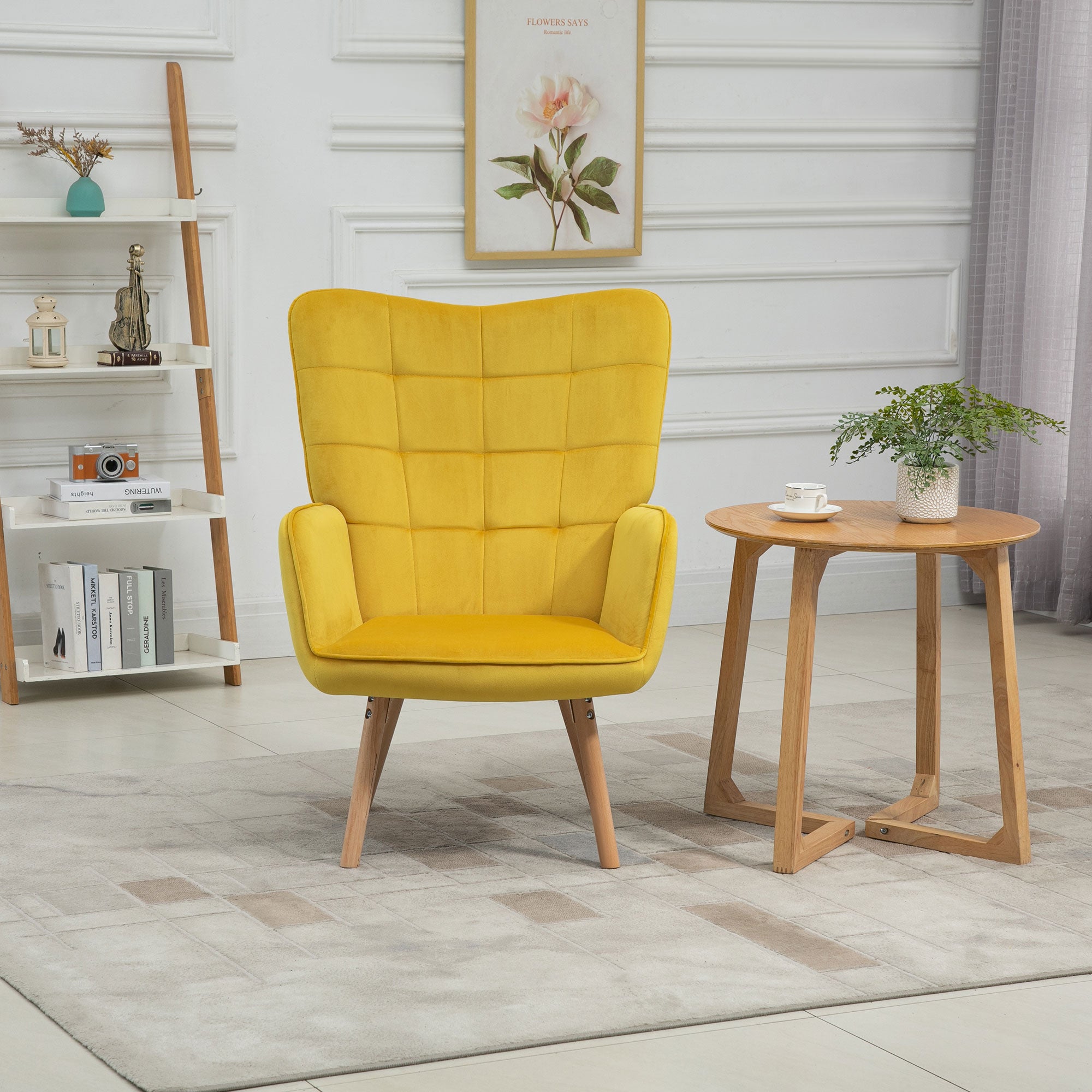 HOMCOM Modern Accent Chair Velvet-Touch Tufted Wingback Armchair Upholstered Leisure Lounge Sofa Club Chair with Wood Legs, Yellow - North Peak Garden Furniture