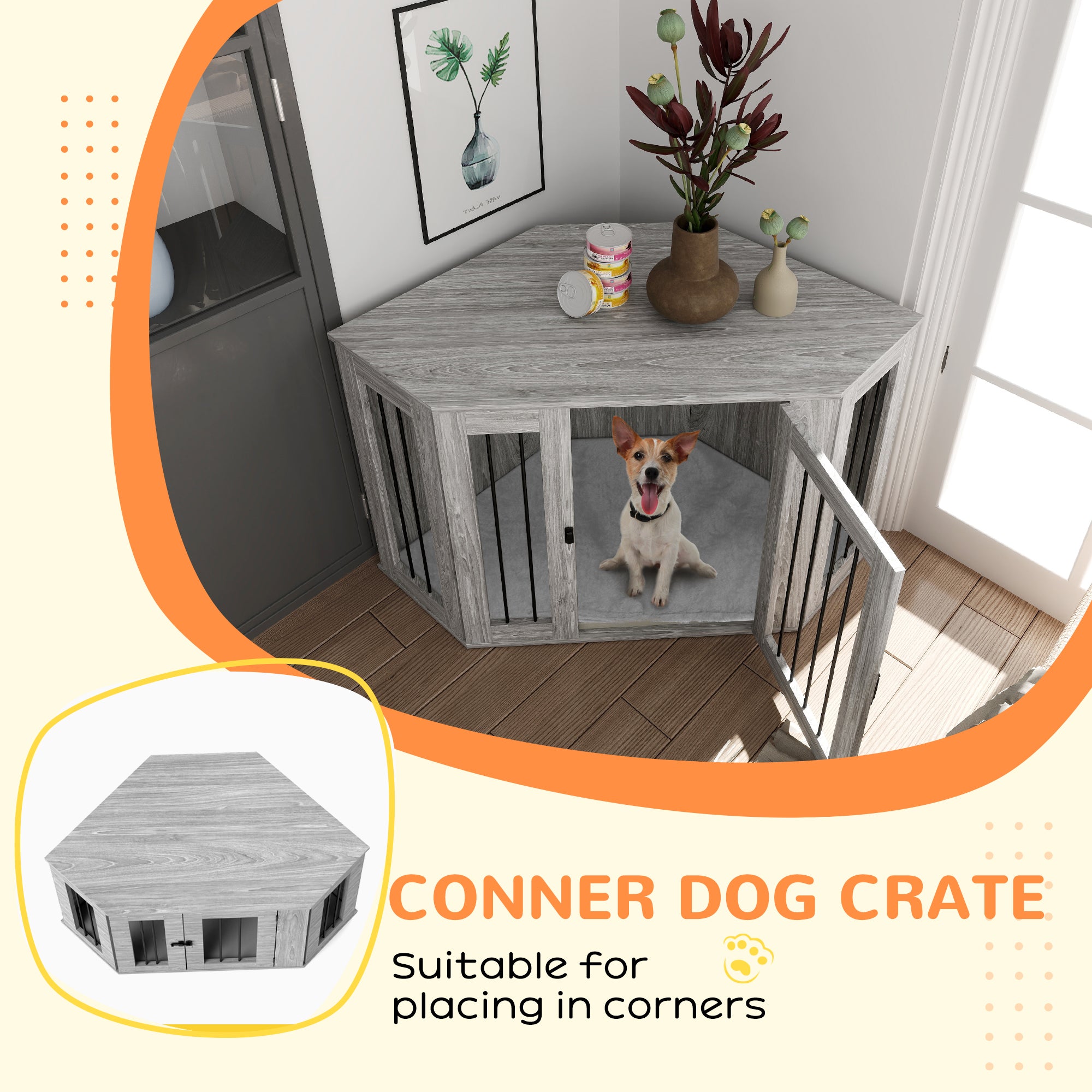 PawHut 2 in 1 Dog Crate Furniture Side Table, with Cushion, 122 x 61 x 71cm - Grey - North Peak Garden Furniture