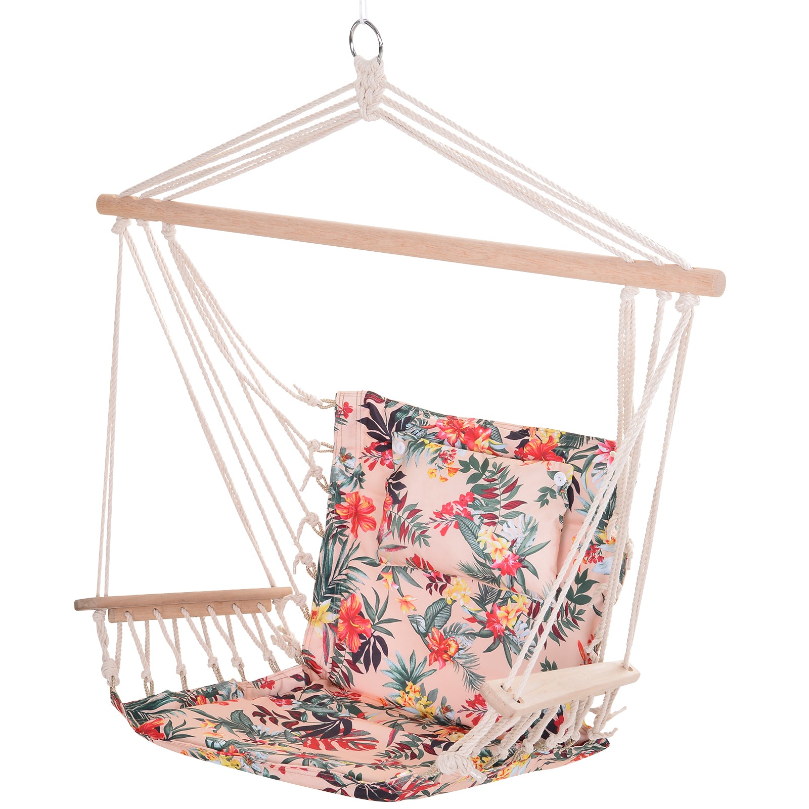 Outsunny Garden Outdoor Hanging Hammock Chair Thick Rope Frame Wooden Arms Safe Wide Seat Garden Outdoor Spot Stylish Multicoloured floral