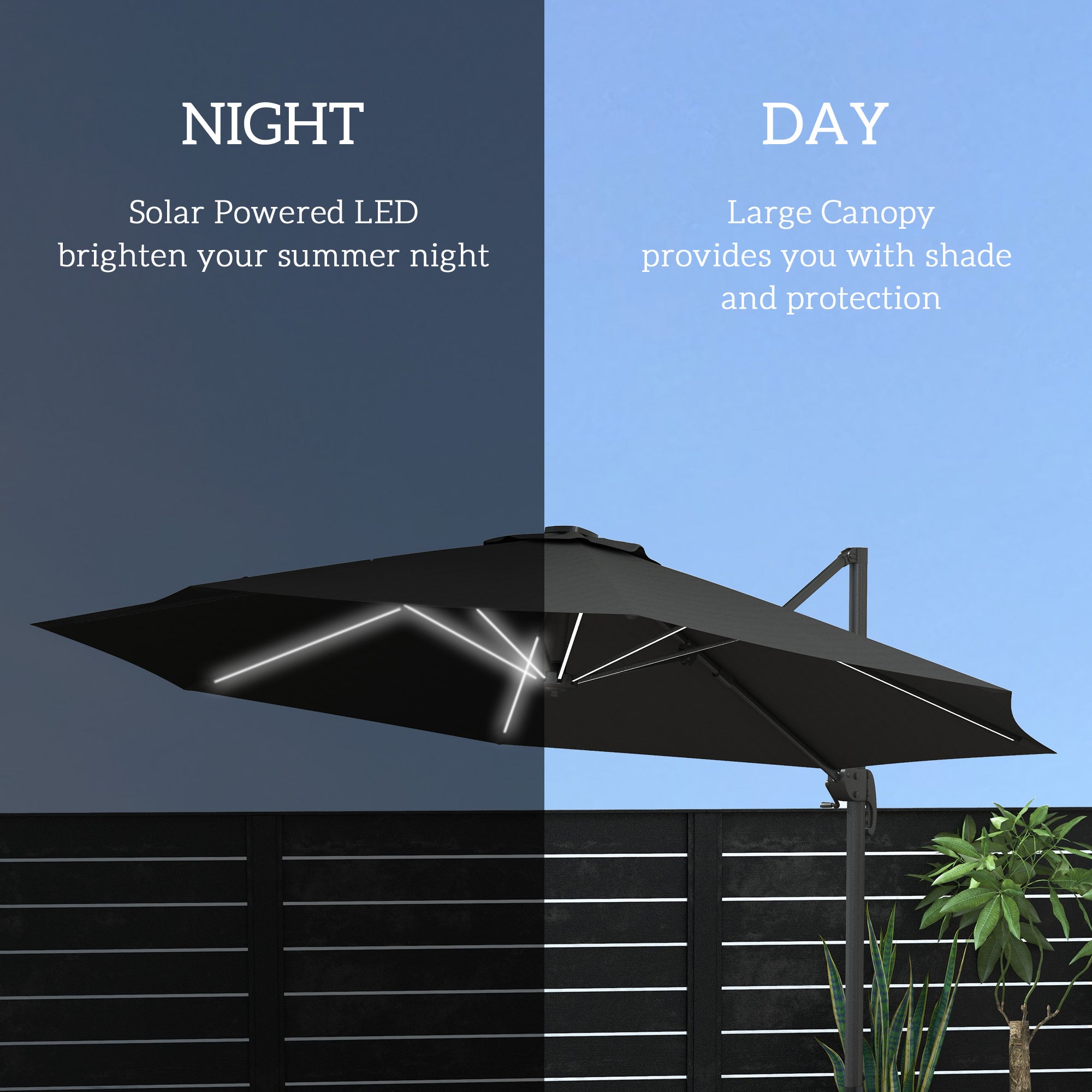Outsunny 3(m) Adjustable Cantilever Parasol with Base, Solar LED Lights, Dark Grey - North Peak Garden Furniture
