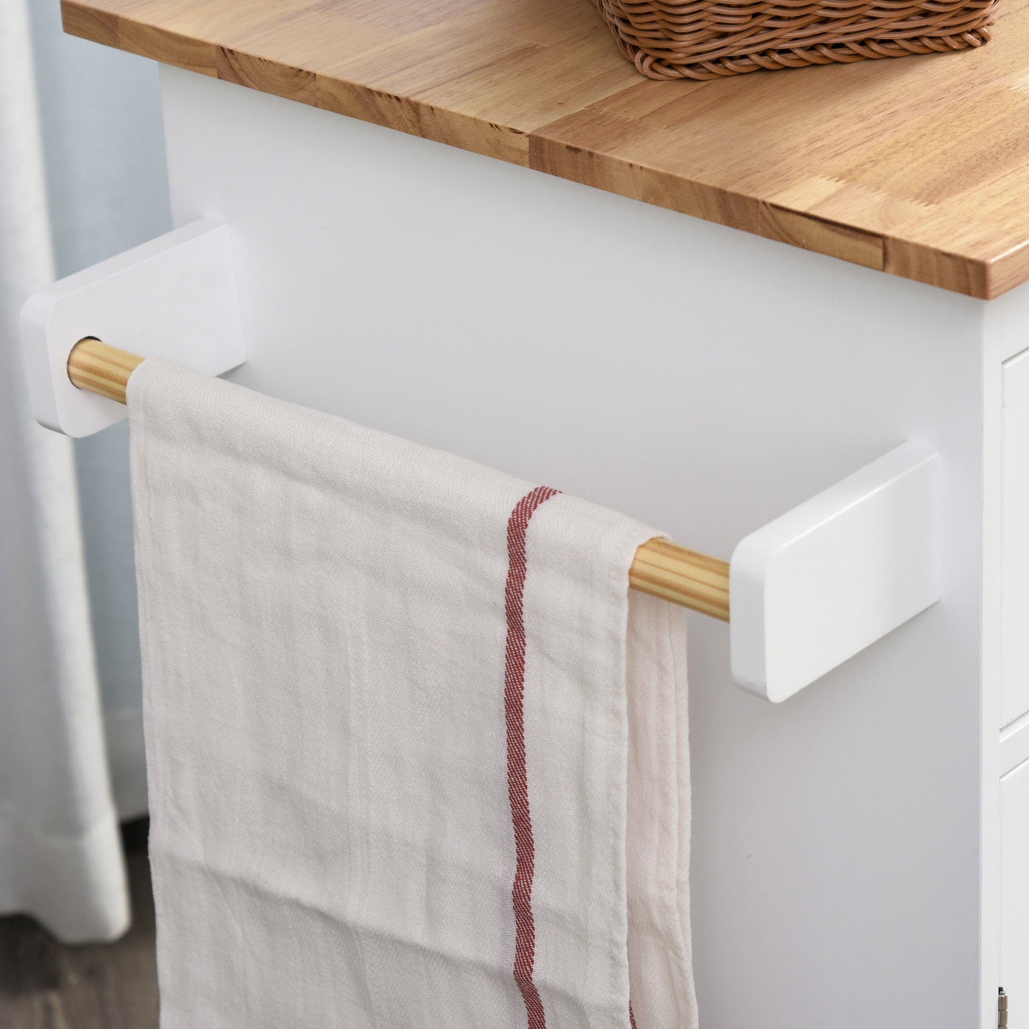 HOMCOM Kitchen Island Storage Cabinet Rolling Trolley with Rubber Wood Top, 3-Tier Spice Rack, Large Cabinet & Drawers - North Peak Garden Furniture