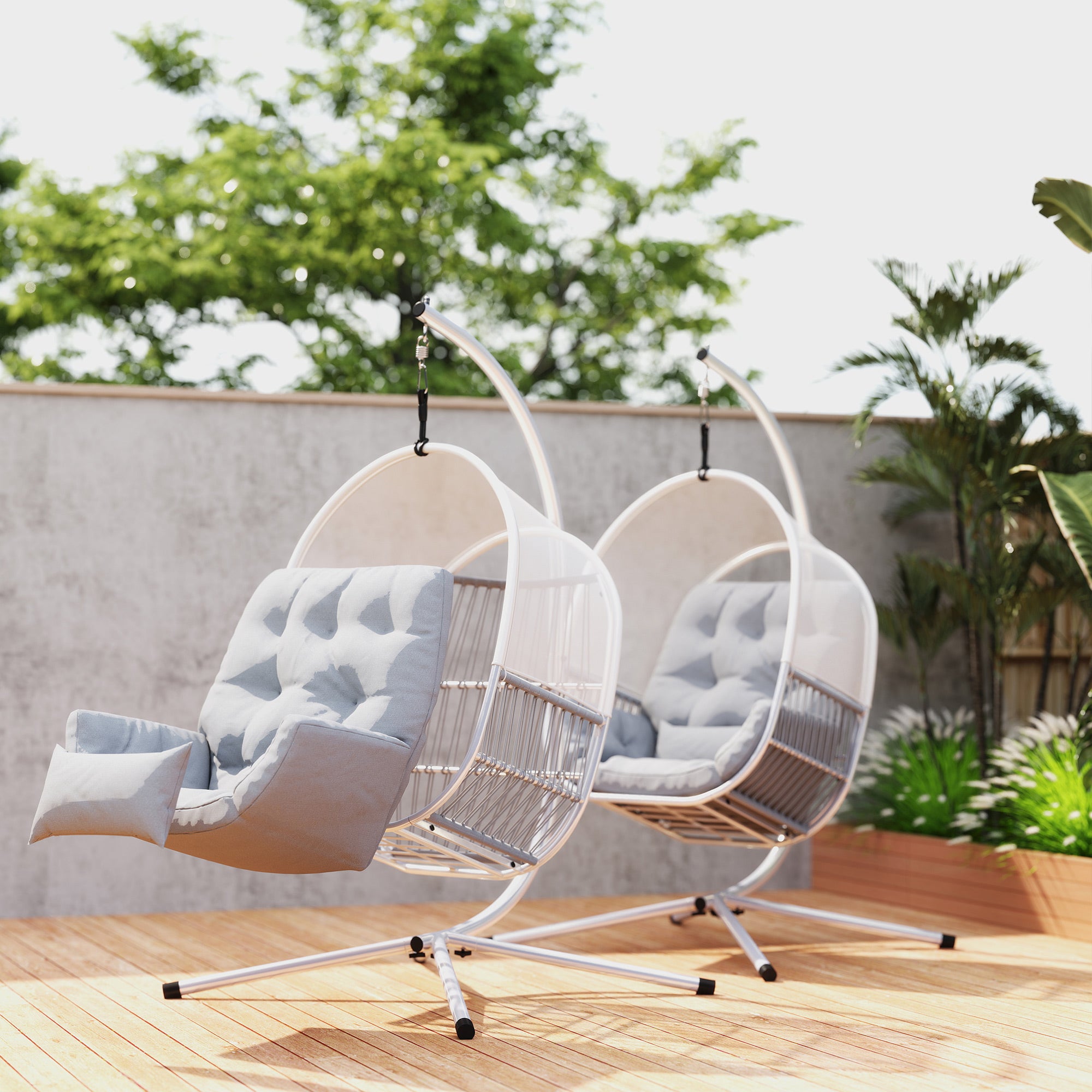 Outsunny Hanging Egg Chair Outdoor Indoor, Swing Hammock Chair with Stand, Cushions, Lumbar Pillow, Adjustable Height and Steel Frame for Garden Patio Lounge Porch, Light Grey - North Peak Garden Furniture
