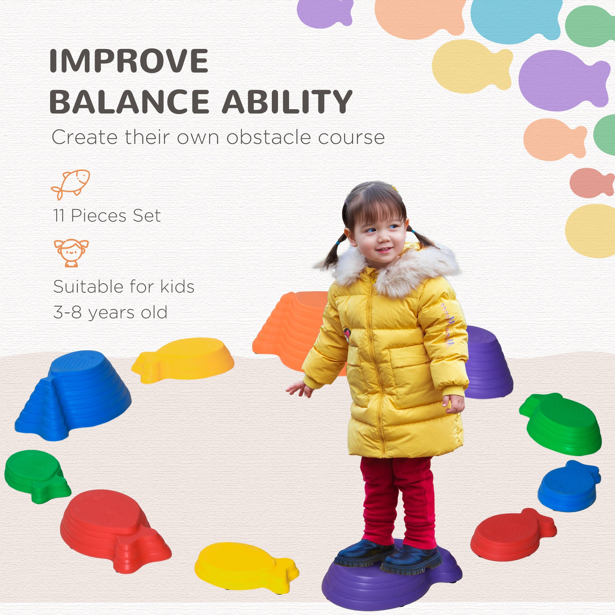 Outsunny 11 Piece Kids Balance Stepping Stones - Multicoloured - North Peak Garden Furniture