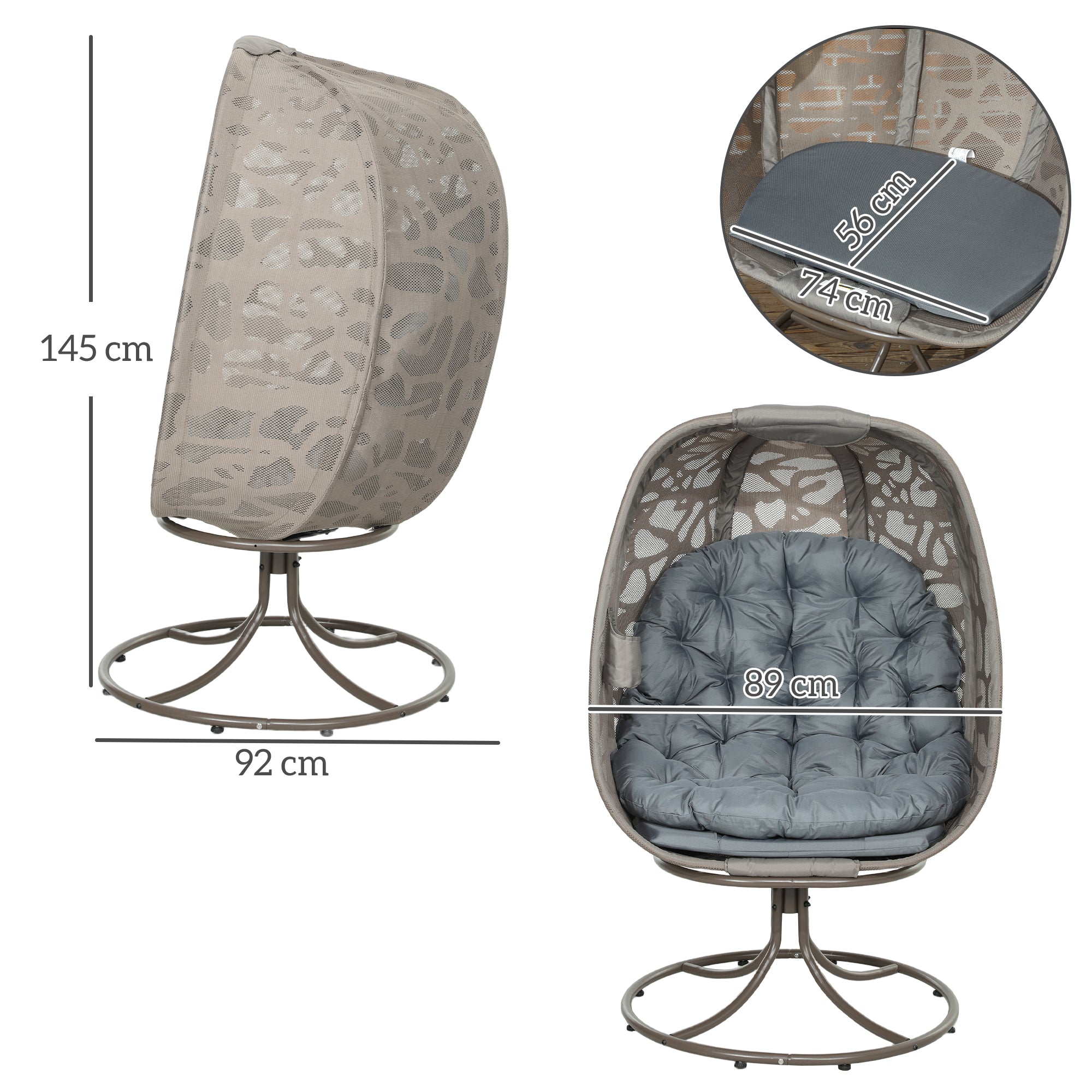 Outsunny Swivel Egg Chair with Cushions, Foldable Basket Seat and Metal Frame, Indoor Outdoor Lounge Chair for Balcony, Patio and Living Room, Grey - North Peak Garden Furniture