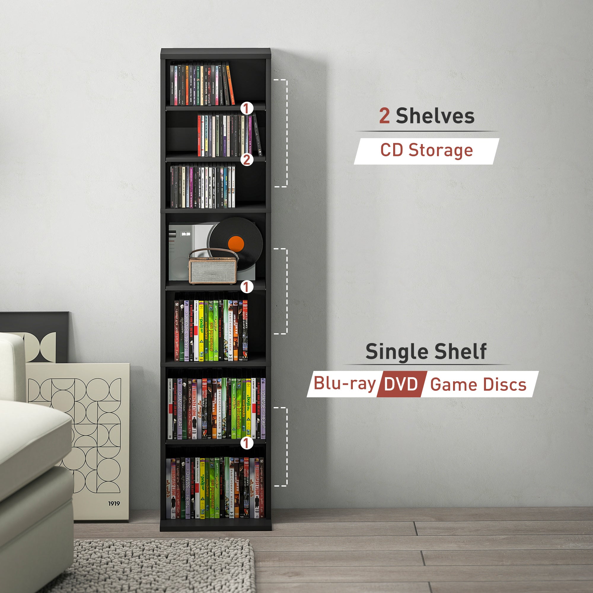 HOMCOM 260 Narrow CD Storage Unit - Black - North Peak Garden Furniture