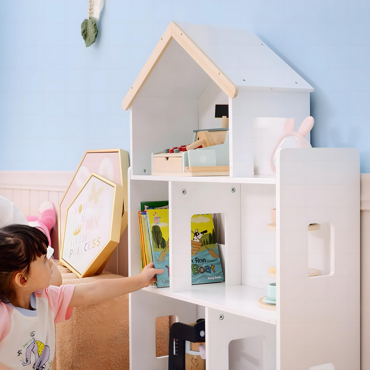 ZONEKIZ Three-Tier Toy Storage Shelf, Kids Bookcase, with Six Cubes, for Playroom, Bedroom - White