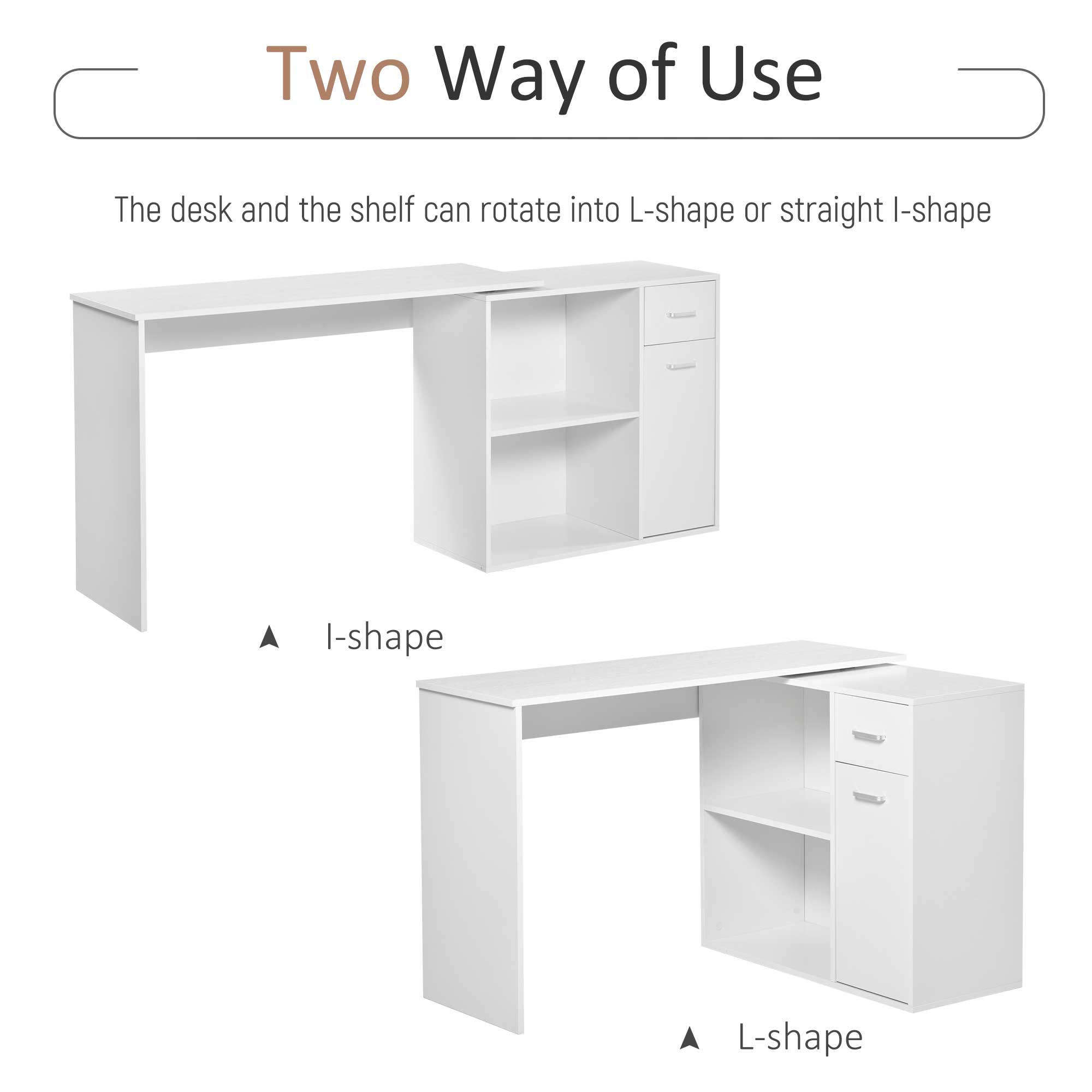 HOMCOM L-Shaped Desk, Corner Computer Desk, Adjustable Study Table with Storage Shelf, Drawer and Cabinet, Workstation for Home Office, White Wood Grain - North Peak Garden Furniture