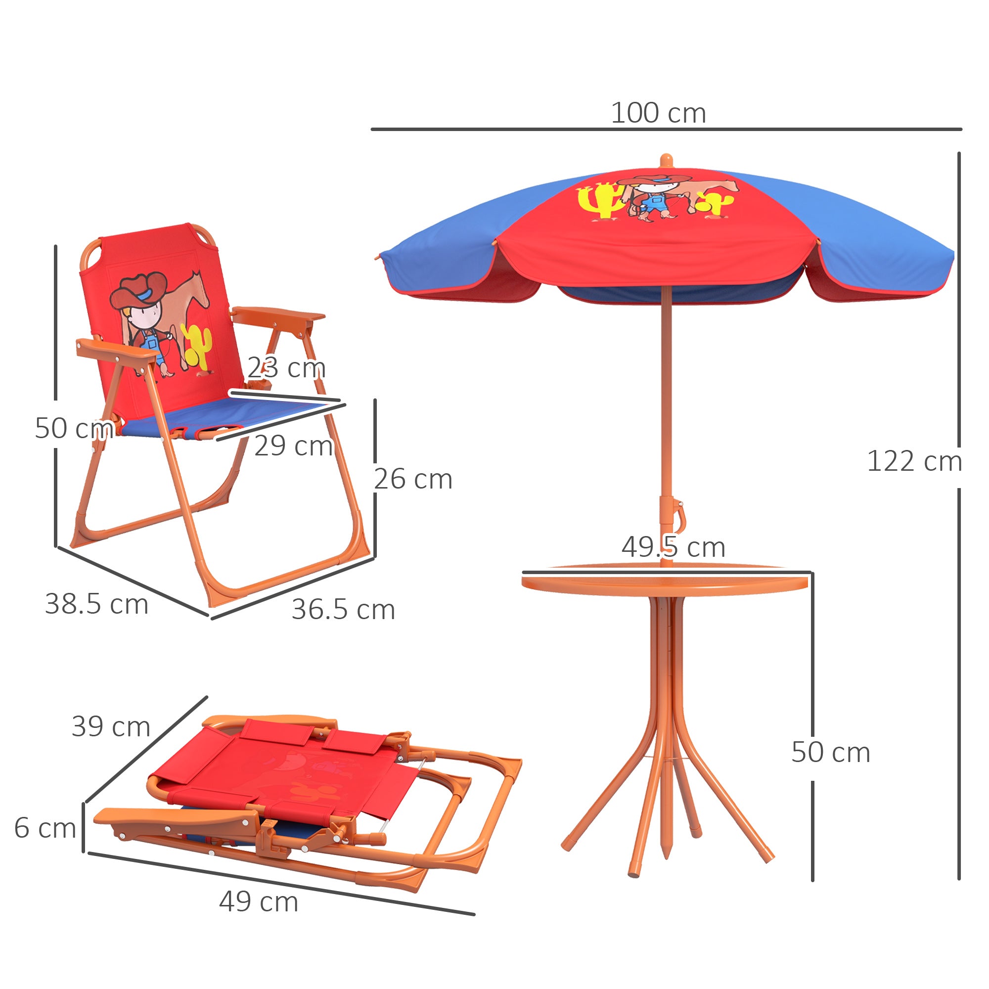 Outsunny Kids Picnic Table and Chair Set, Cowboy Themed Outdoor Garden Furniture w/ Foldable Chairs, Adjustable Parasol - North Peak Garden Furniture