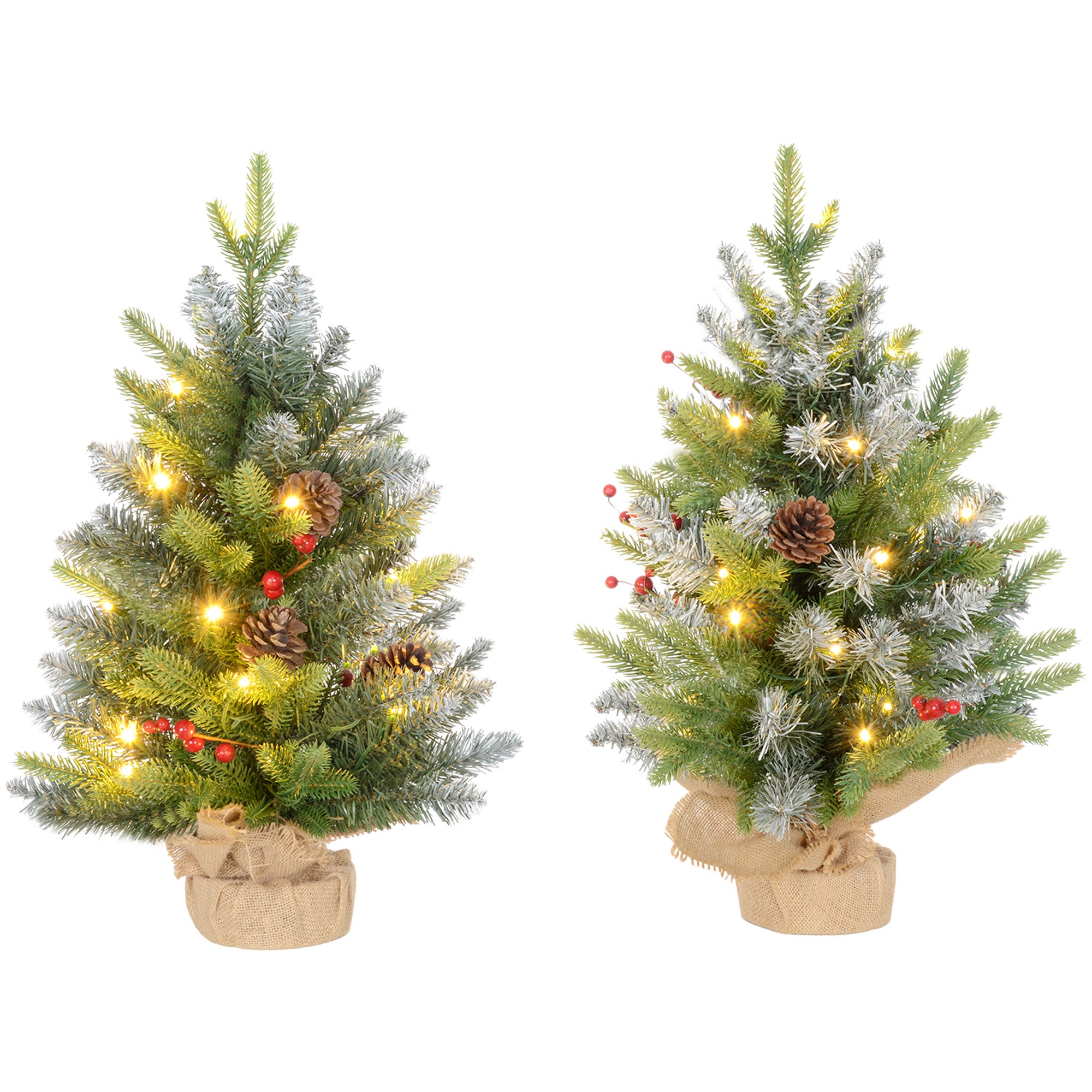 HOMCOM Set of Two 2ft Christmas Trees, with Lights, Berries and Pinecones - North Peak Garden Furniture