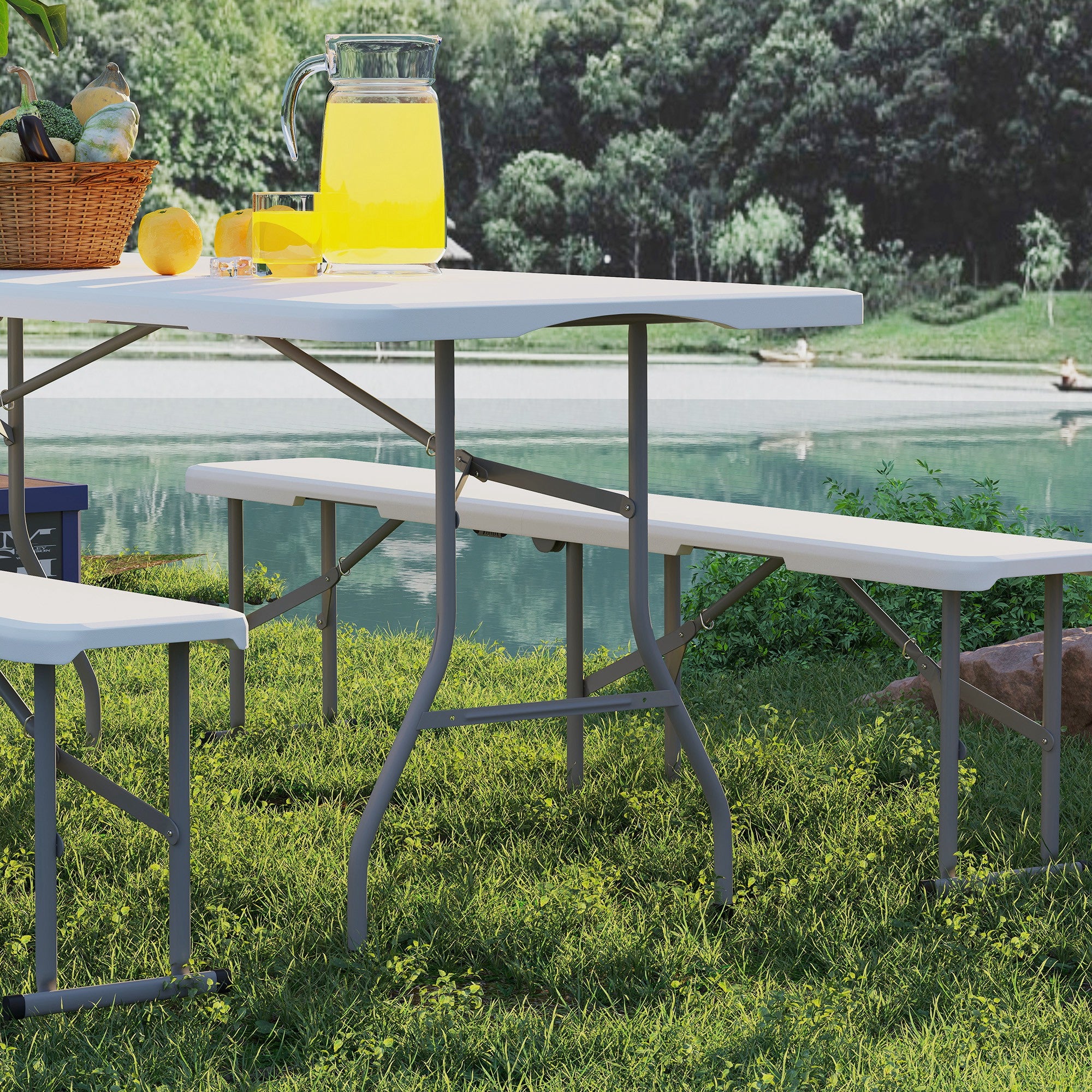 Outsunny 3 Piece 6ft Folding Picnic Table and Bench Set, Portable HDPE Camping Table and Chairs with Carrying Handles for Indoor Outdoor, Dining, Camping, Picnic, BBQ, Party, White - North Peak Garden Furniture