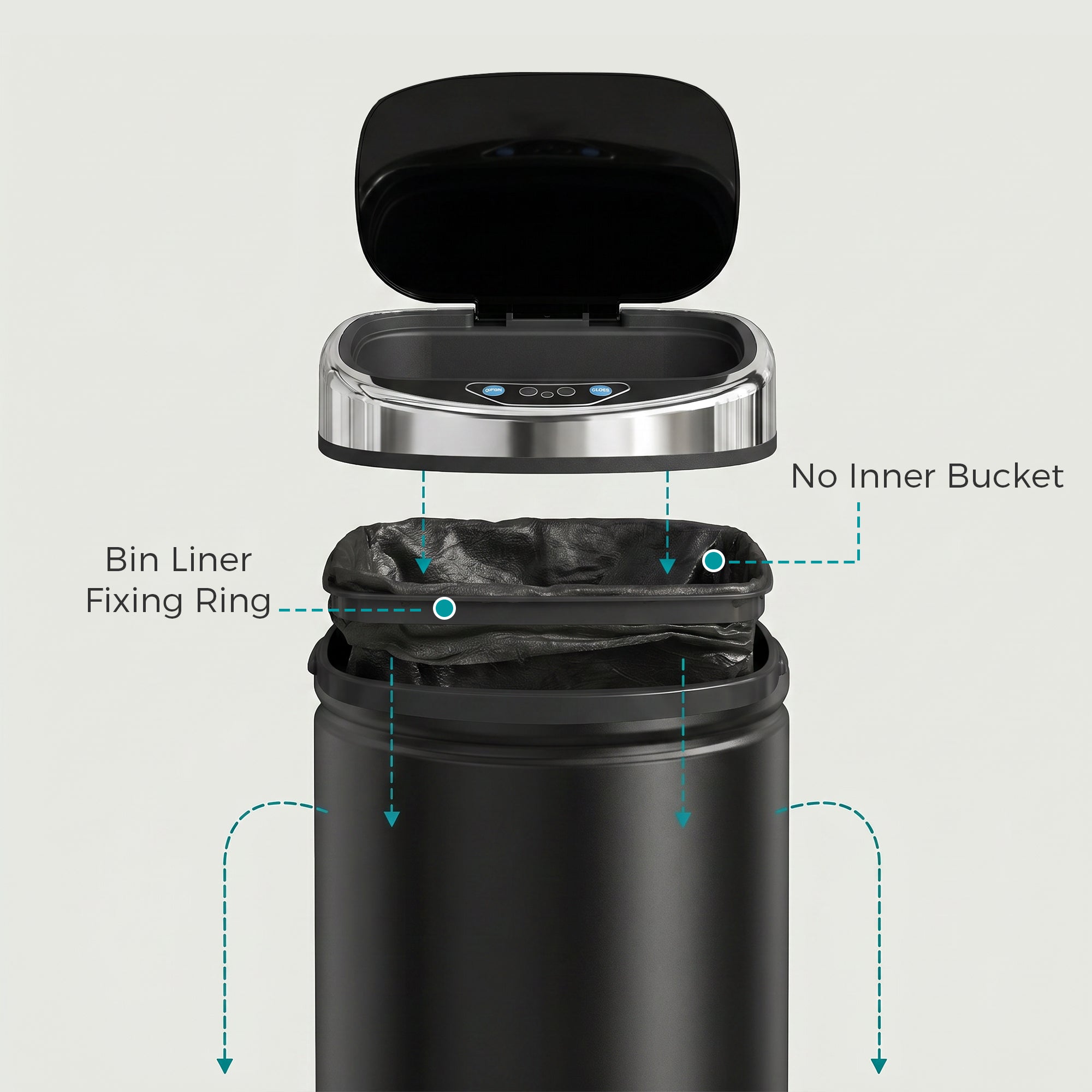HOMCOM 42L Sensor Bin for Kitchen Waste Automatic Dustbin Motion Detection Dustbin  Stainless Steel Rubbish Can with Bucket, Black