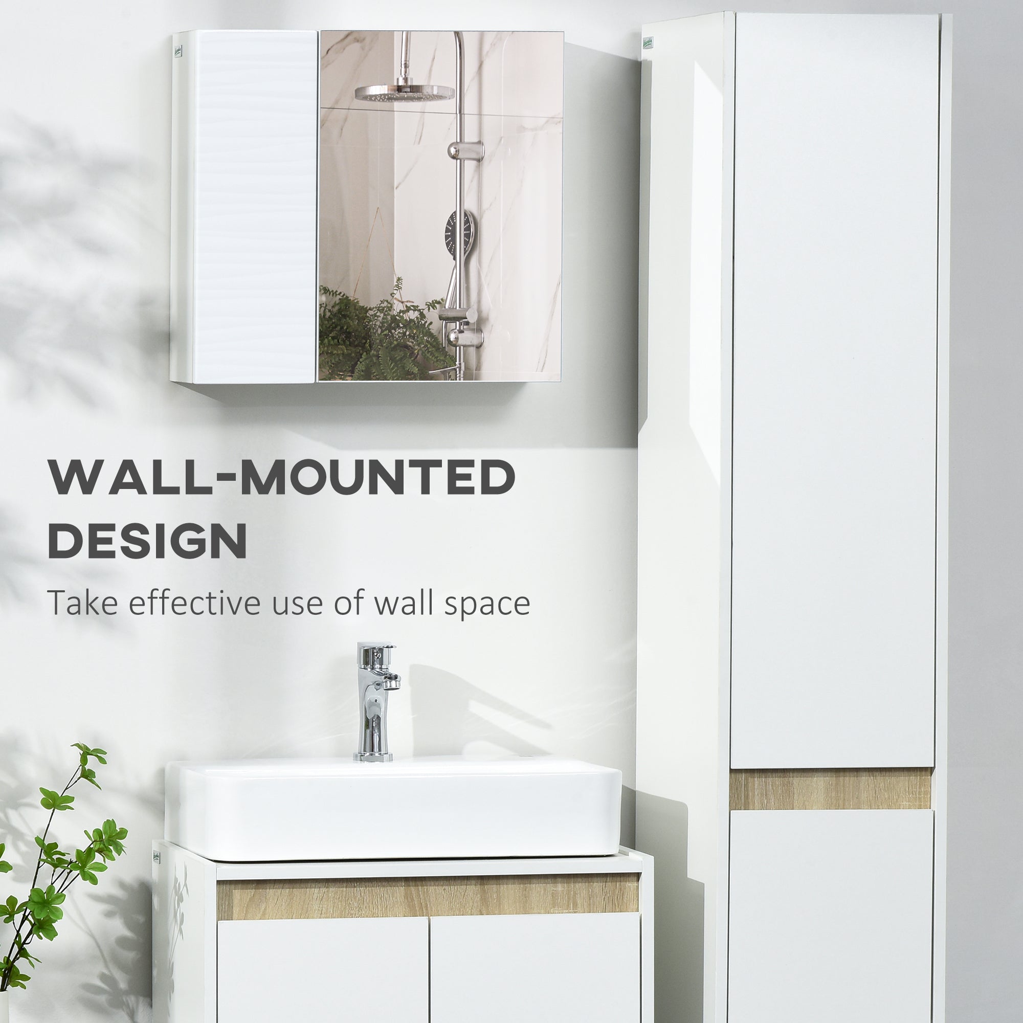kleankin Bathroom Cabinet with Mirror, Double Door Wall Mounted Storage Cupboard Organizer with Adjustable Shelves, White - North Peak Garden Furniture