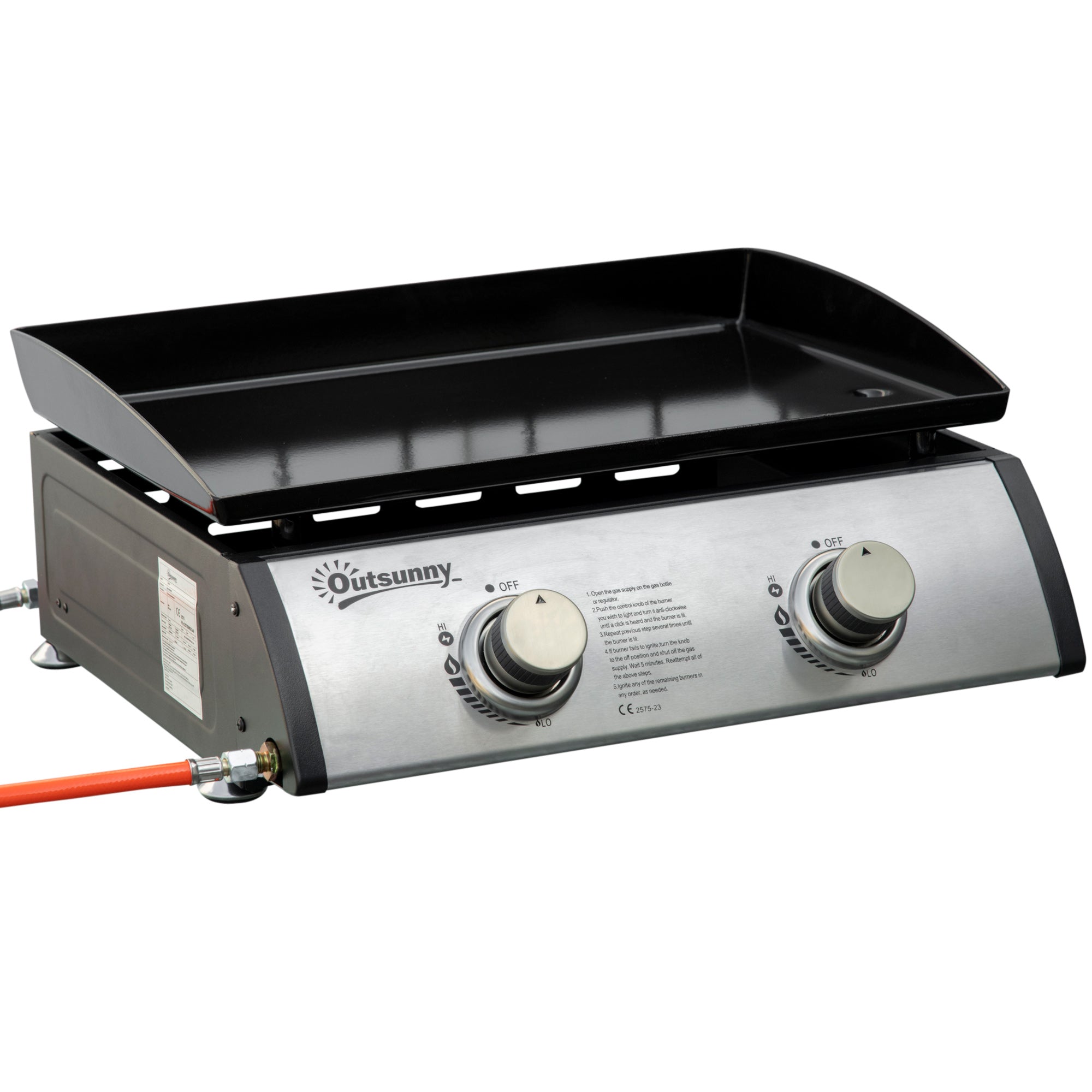 Outsunny Gas Plancha Grill with 2 Stainless Steel Burner, 6kW, Portable Tabletop Gas BBQ with Non-Stick Griddle for Camping Picnic Garden Party Festival - North Peak Garden Furniture
