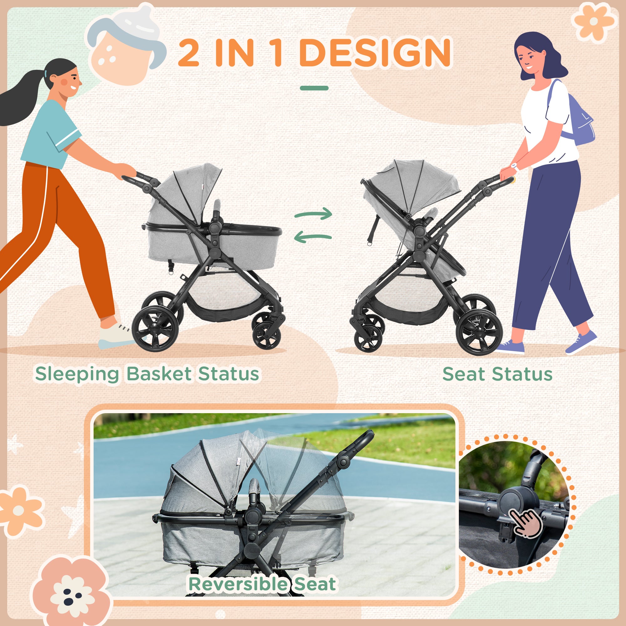 HOMCOM Foldable Baby Stoller, with Reclining Backrest, Adjustable Canopy, for Ages 0-36 Months - Grey