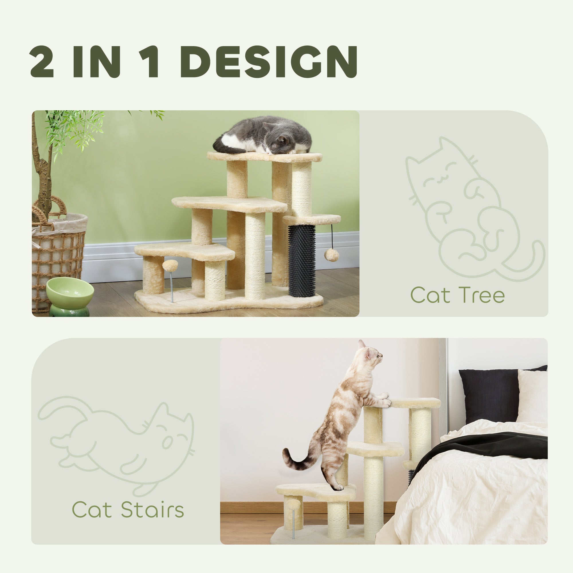 PawHut 2-in-1 Cat Tree, Pet Stairs with Scratching Tickling Post, Toy Balls, for Bed, Sofa, Couch, Beige - North Peak Garden Furniture