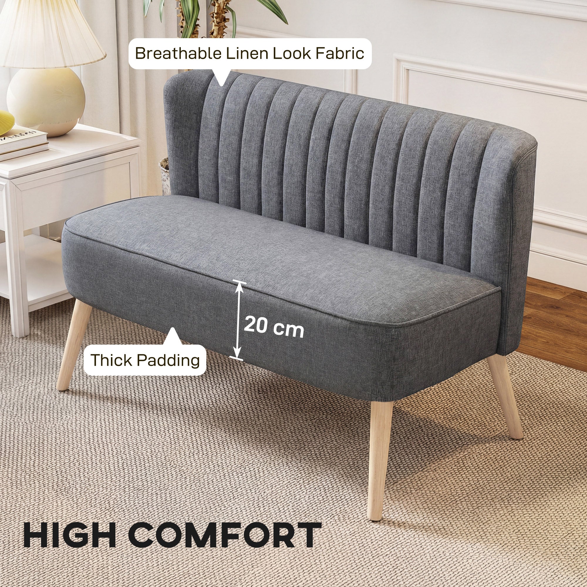 HOMCOM 46" Loveseat Sofa Upholstered Small 2 Seater Sofa with Thick Padded Seat and Rubber Wood Legs, Grey