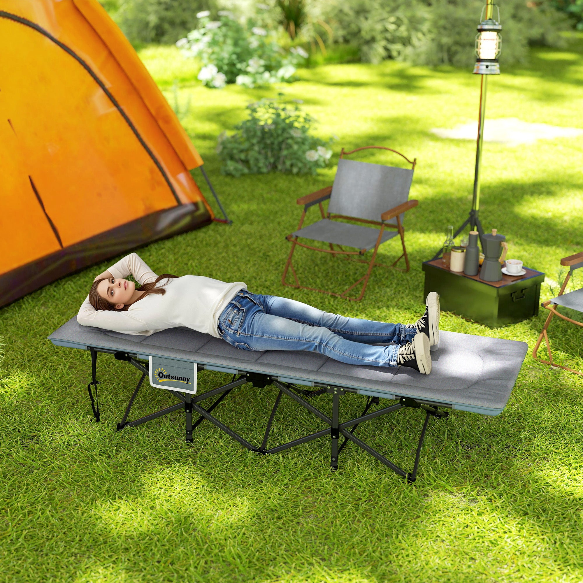 Outsunny Folding Camping Bed for Adults with Cushion, Heavy Duty Portable Travel Camping Cot with Headrest, Side Pocket and Non-Slip Foot Pads for Outdoor Beach Travel Office, Grey - North Peak Garden Furniture