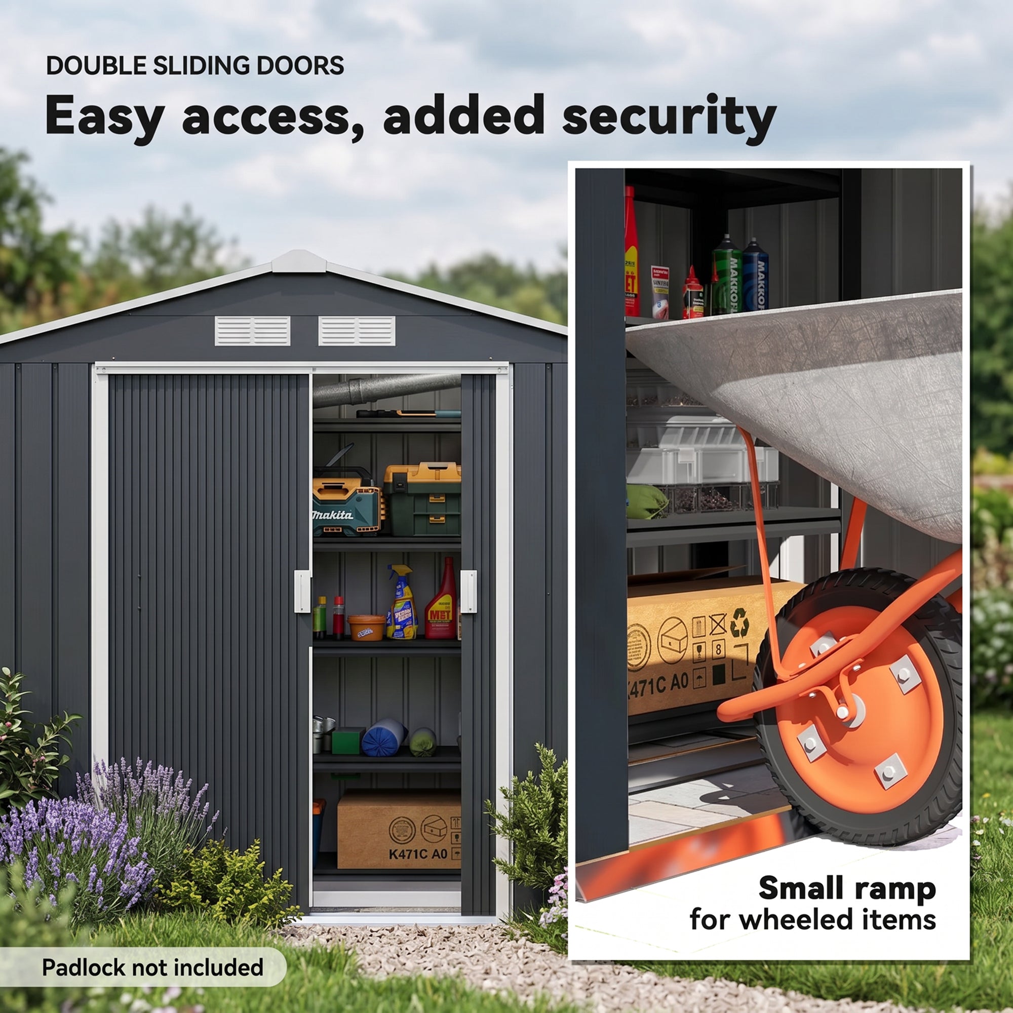 Outsunny 7 x 4ft Metal Garden Shed, Outdoor Storage Tool House with Ventilation Slots, Foundation Kit and Lockable Double Doors, Dark Grey