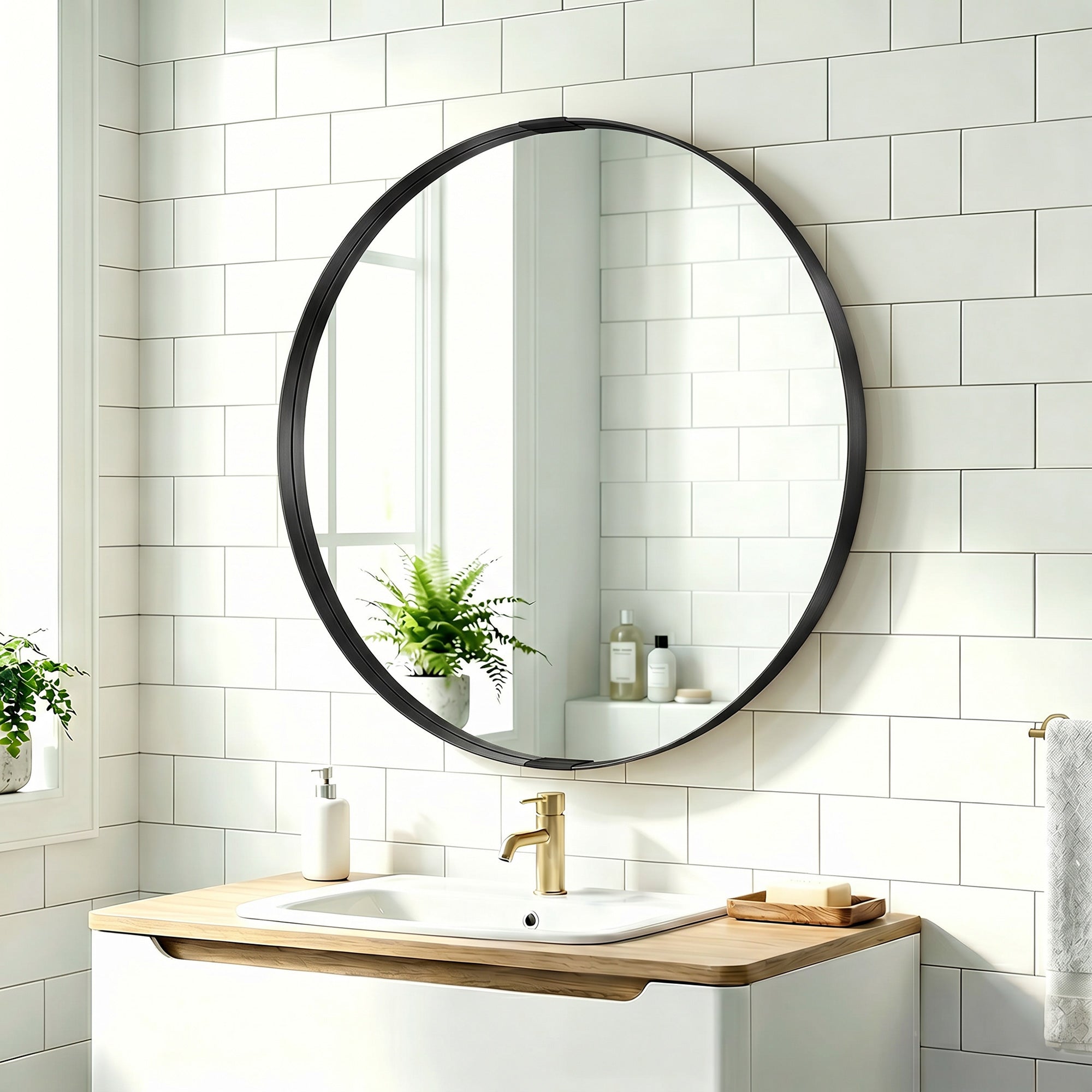 HOMCOM Round Wall Mirror 61 cm, Wall Mounted Bathroom Mirror with Tempered Safety Glass and Aluminium Alloy Frame, Black