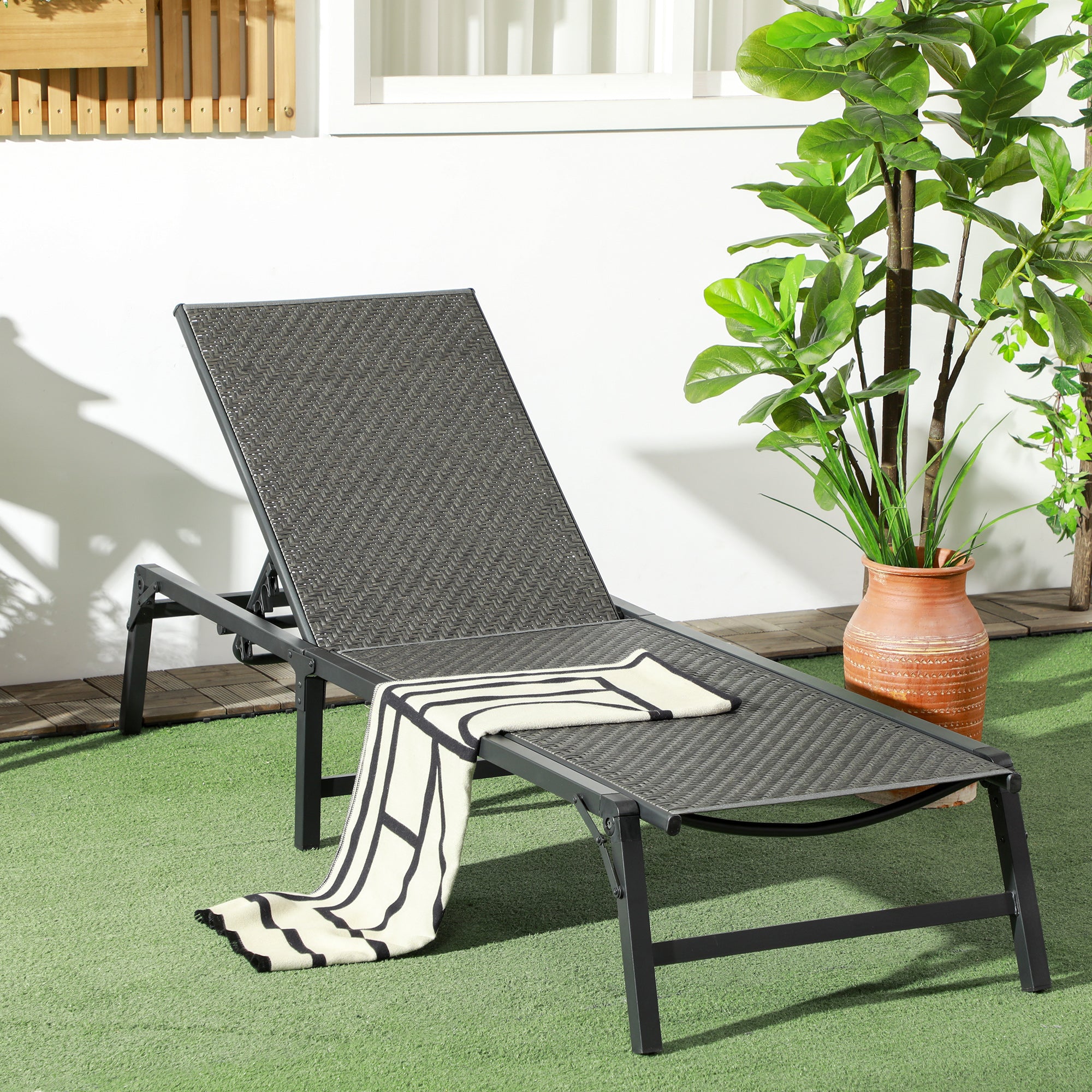 Outsunny Foldable Rattan Sun Lounger with 5-Level Adjust Backrest, Recliner Chair, Grey - North Peak Garden Furniture