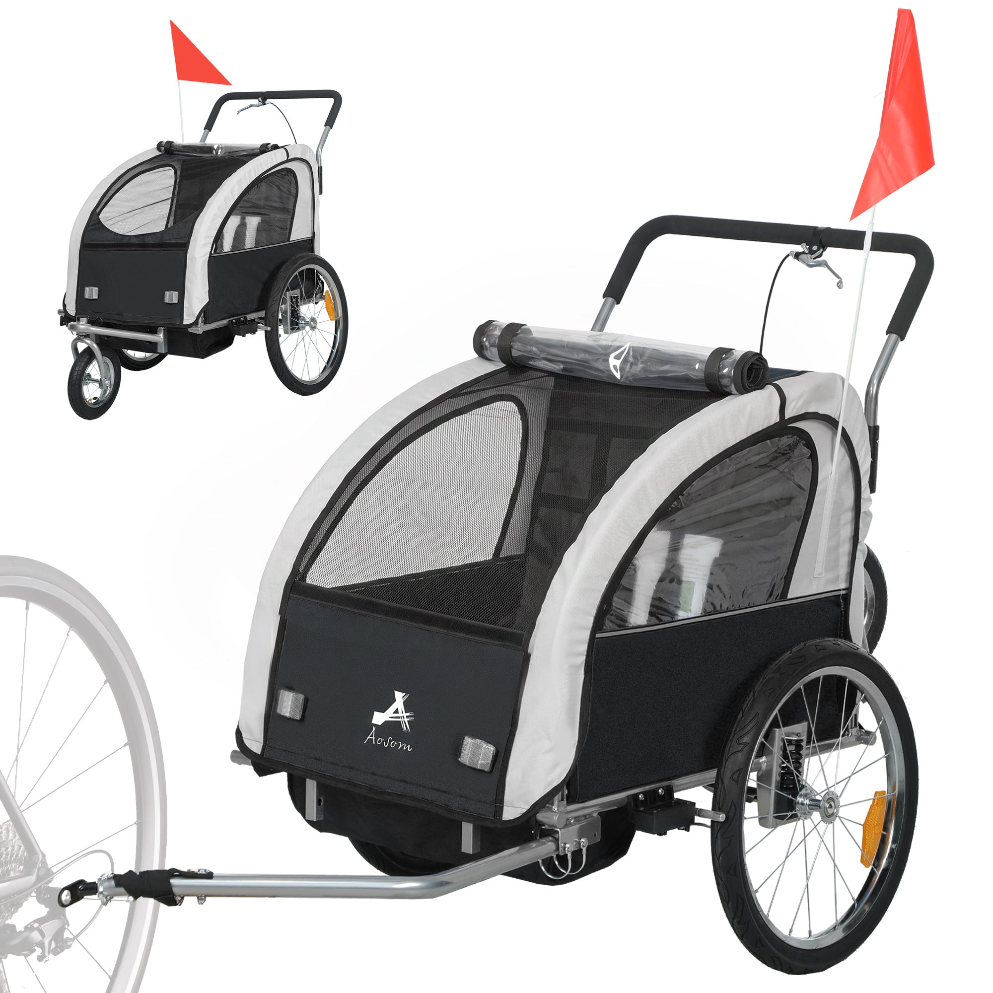 HOMCOM 2 Seat Bike Trailer with 5 Point Harness, Baby Bike Stroller with Safety Flag, Reflectors, for 18+ Months, Black