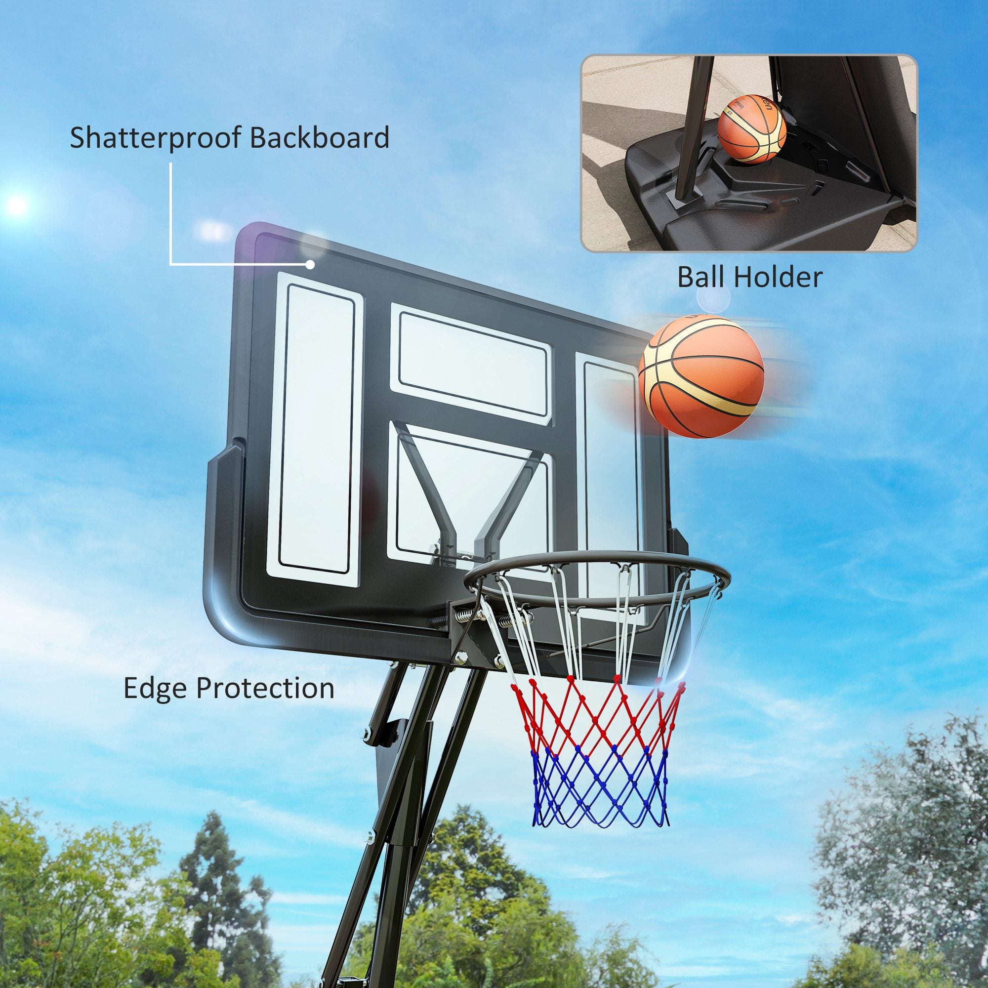 SPORTNOW Basketball Hoop Outdoor, Height Adjustable Basketball Hoop and Stand with Rebound System, Weighted Base, Portable on Wheels, 2.45-3.05m, for Teens, Juniors, Adults, Black - North Peak Garden Furniture
