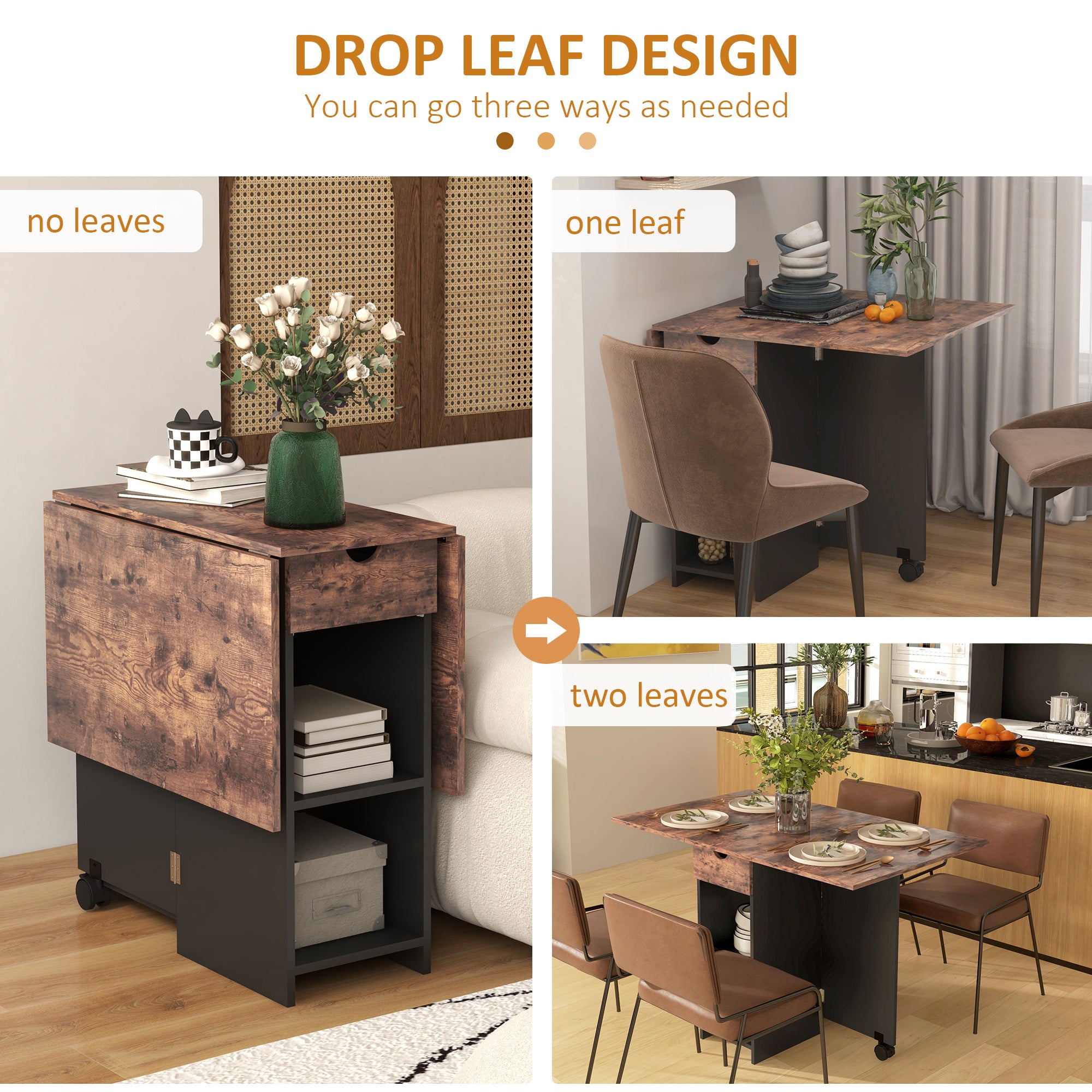 HOMCOM Folding Dining Table, Drop Leaf Table for Small Spaces, Foldable Table with Drawer and Storage Shelves for Kitchen, Dining Room, Rustic Brown - North Peak Garden Furniture