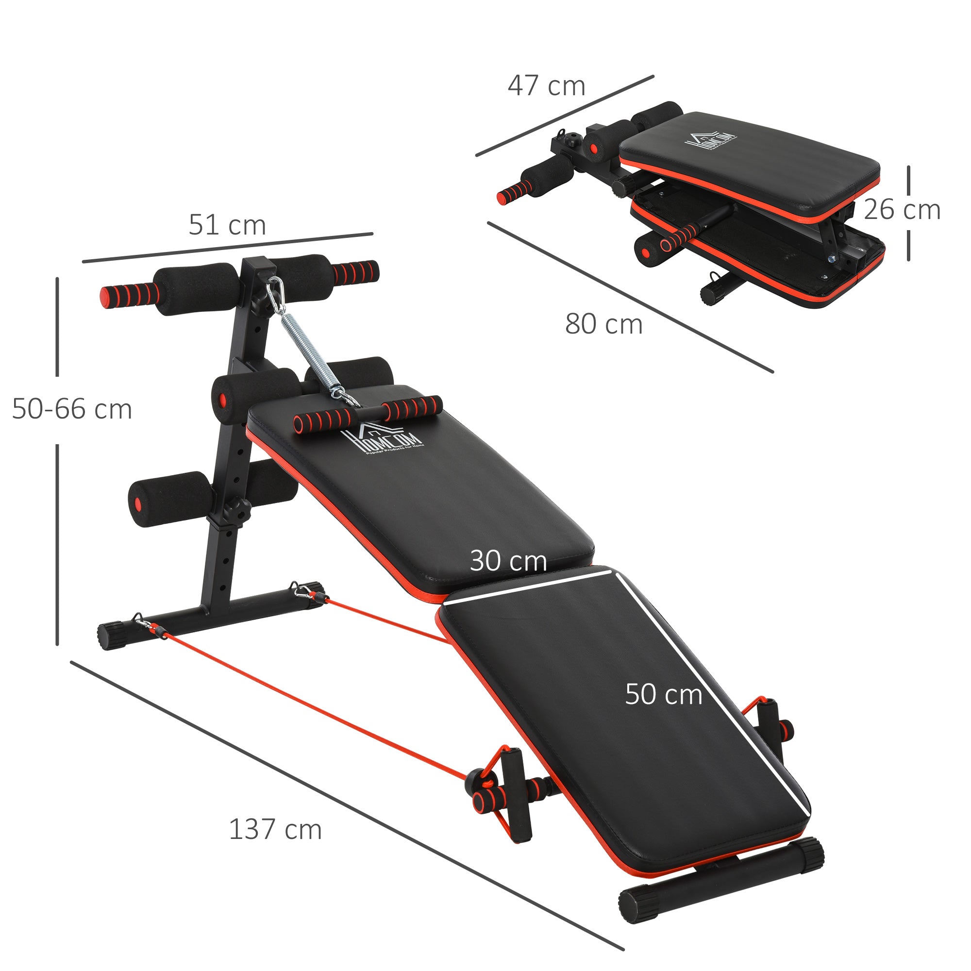 HOMCOM Sit Up Bench Core Workout Adjustable Thigh Support Foldable for Home Gym w/ Arm Pulling Rope Black - North Peak Garden Furniture