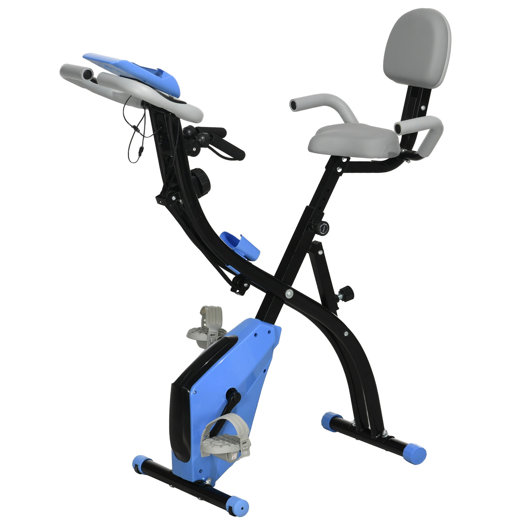 HOMCOM 2-in-1 Folding Exercise Bike with 8-Level Magnetic Resistance, Arm Resistance Band, Pulse Sensor, Blue - North Peak Garden Furniture