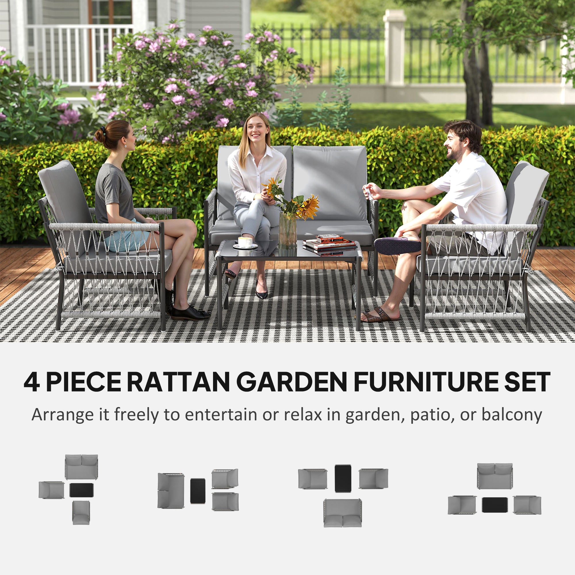 Outsunny 4 Piece Rattan Garden Furniture Set, 4 Seater Wicker Patio Conversation Set with 2 Armchairs, Loveseat, Glass Top Coffee Table and Cushions for Outdoor, Balcony, Grey - North Peak Garden Furniture