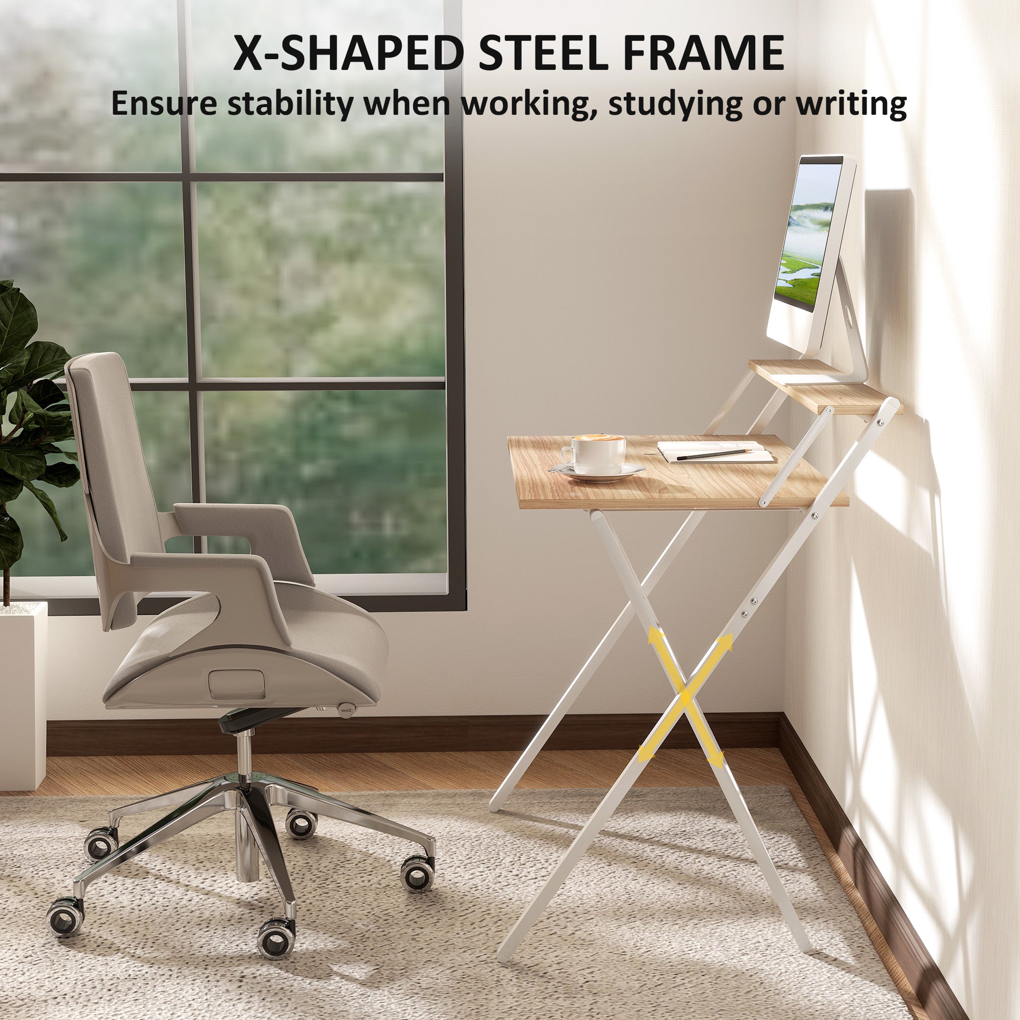 HOMCOM 81.5 cm Folding Computer Desk with Monitor Shelf - Natural Wood Finish - North Peak Garden Furniture
