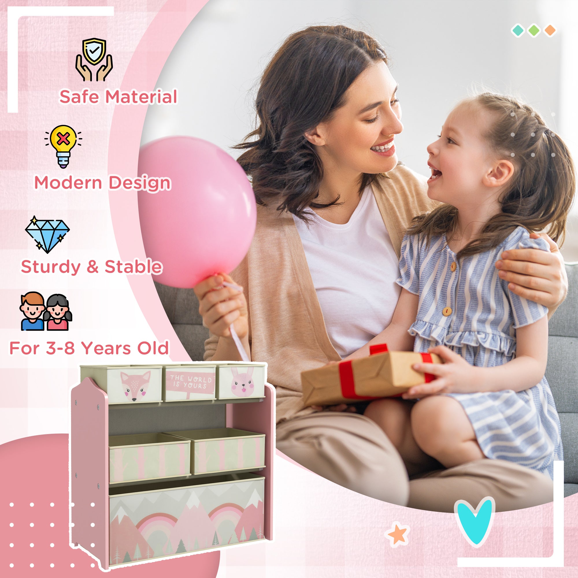ZONEKIZ Kids Storage Unit, Toy Storage Organiser, with Six Fabric Bins, for Bedrooms, Playrooms, Nurseries - Pink - North Peak Garden Furniture