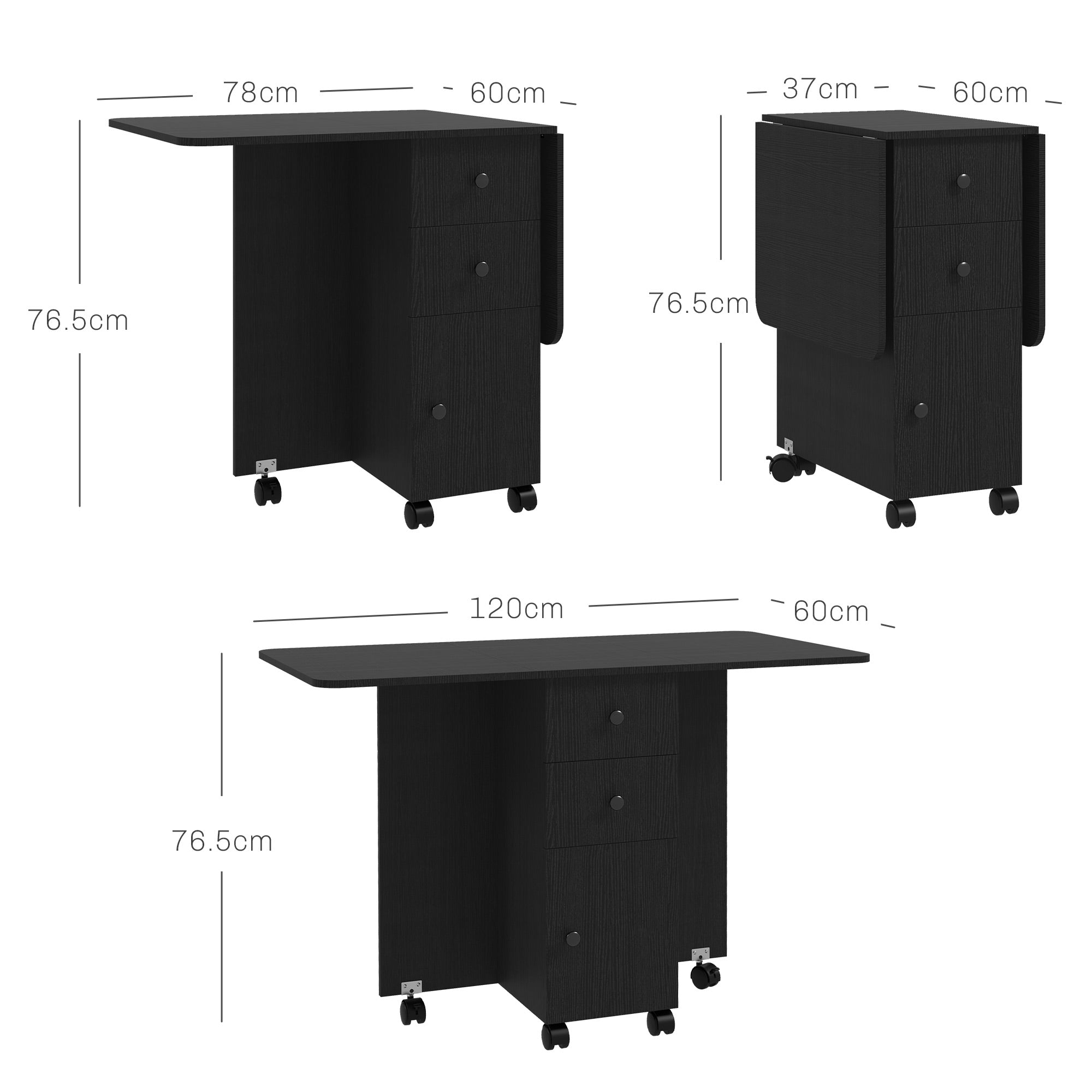 HOMCOM Multi-Storage Six-Person Drop Leaf Dining Table - Distressed Black - North Peak Garden Furniture
