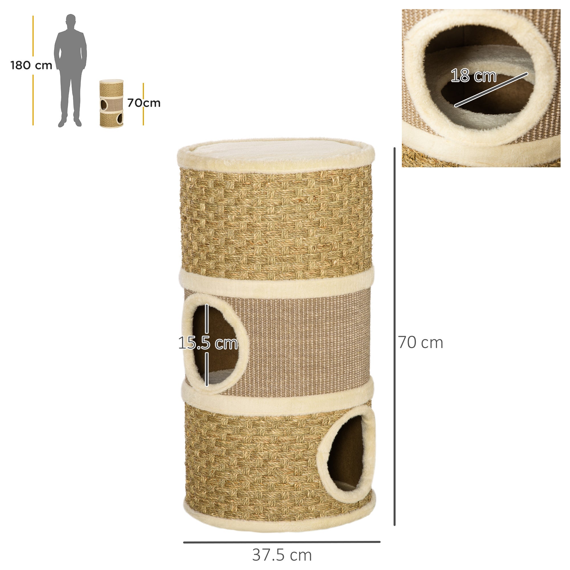 PawHut Cat Scratching Barrel Kitten Tree Tower for Indoor Cats Pet Furniture Climbing Frame Covered with Sisal and Seaweed Rope Cozy Platform Soft Plush - North Peak Garden Furniture