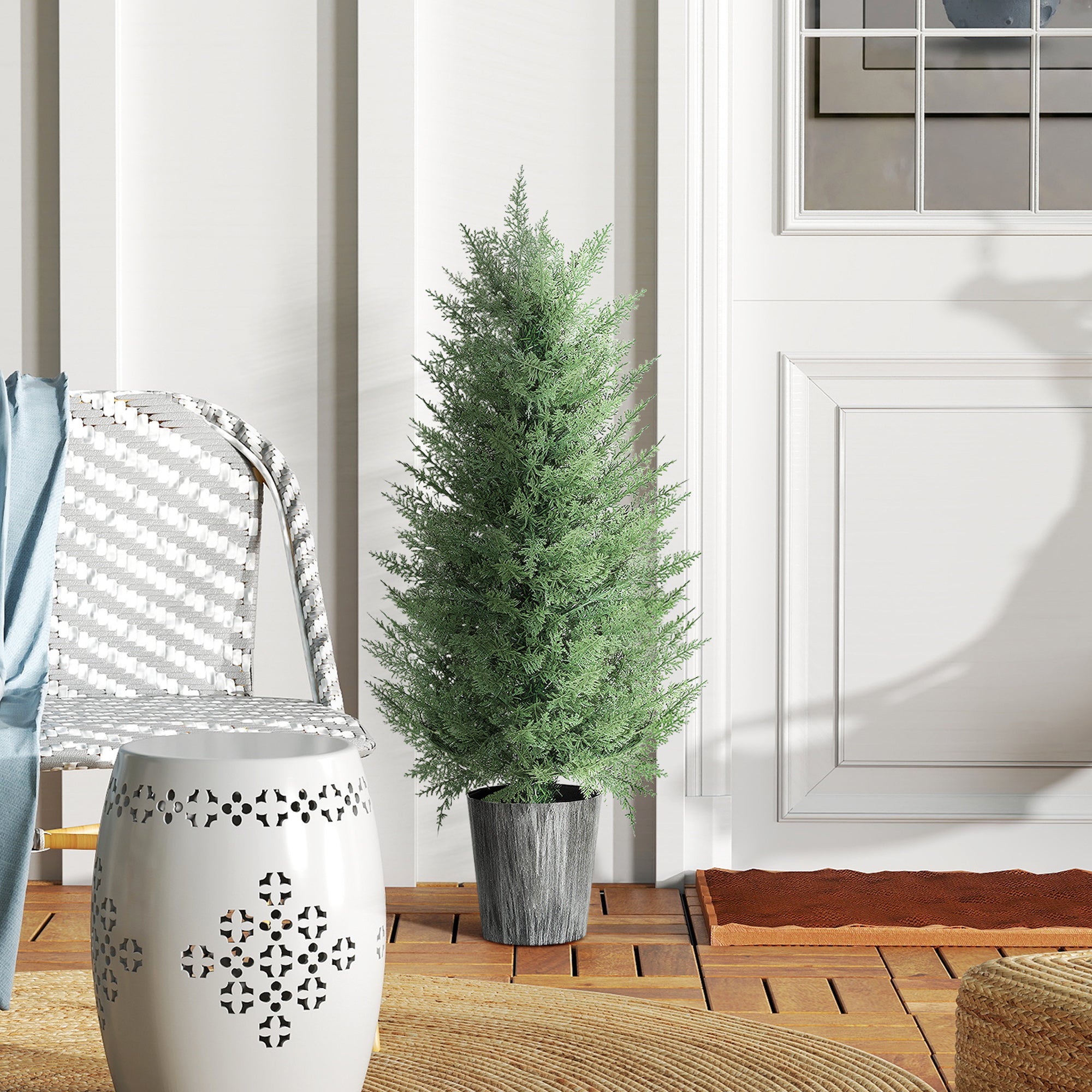 HOMCOM 90cm Artificial Cypress Trees Set of 2, UV Resistant Artificial Plants with Decorative Pot, Fake Plants for Indoor Outdoor Decor, Green