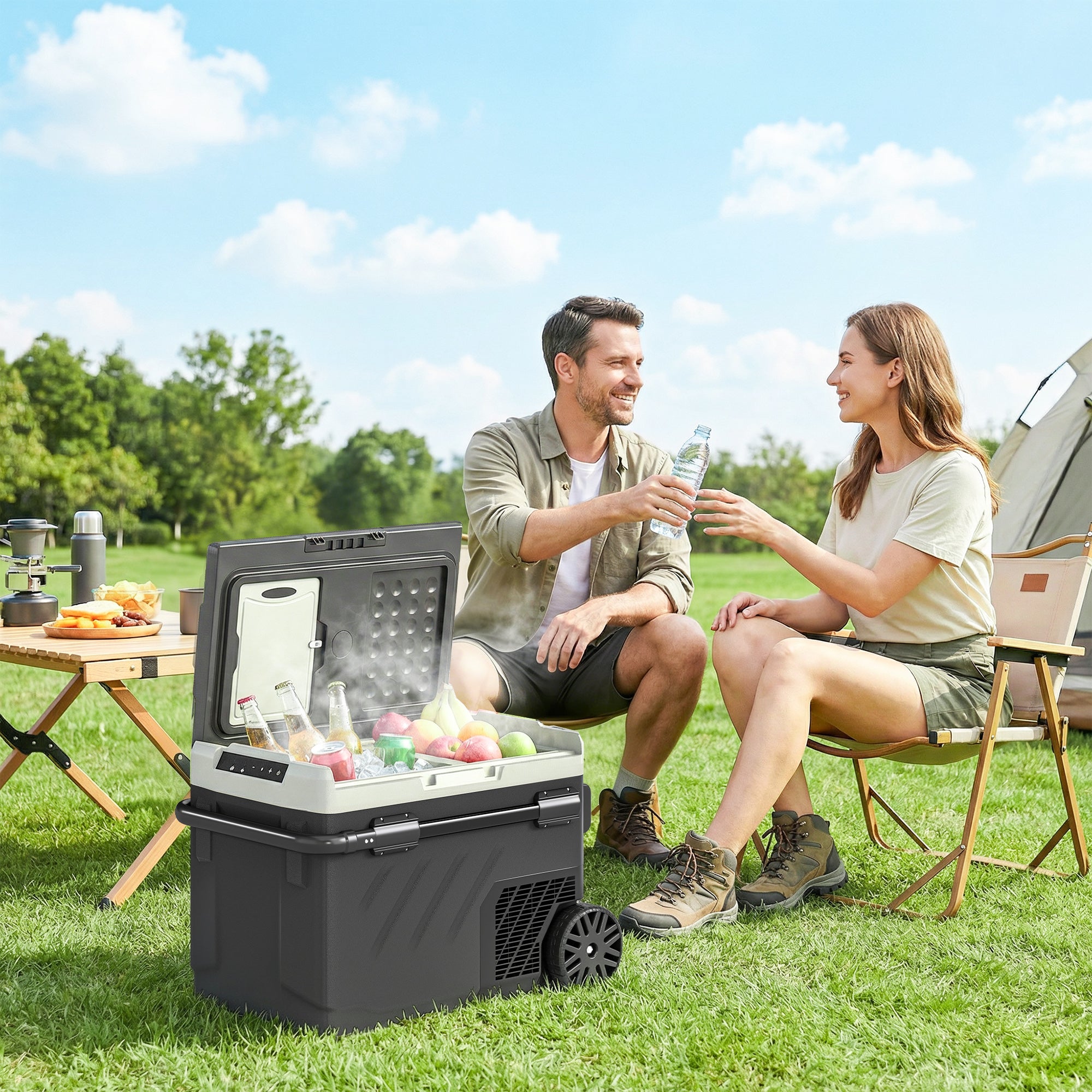 Outsunny 40L Compressor Car Fridge Freezer, Dual Zone Camping Refrigerator with App Control, Telescopic Handle, -20℃-20℃