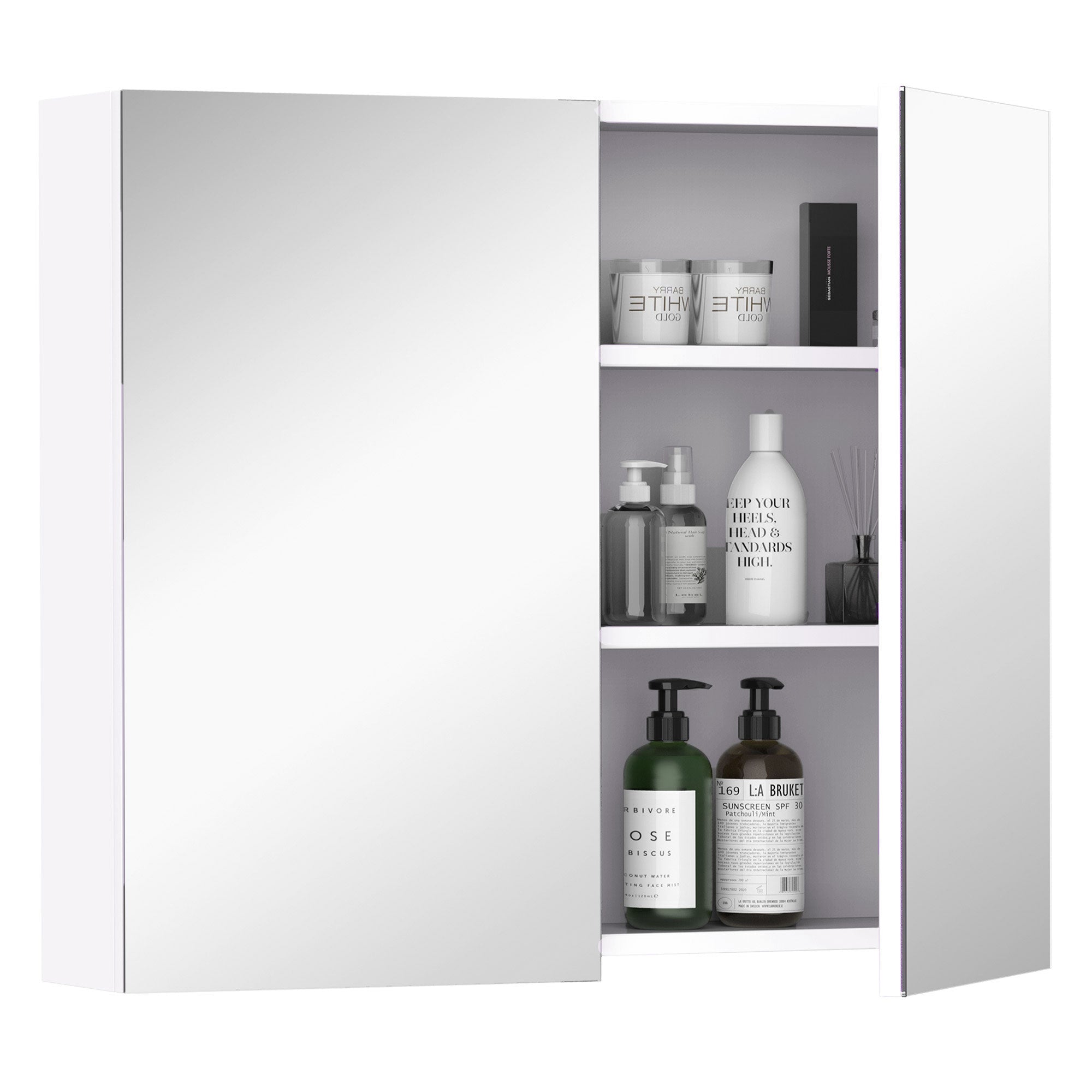HOMCOM Mirror Cabinet, Wall Mount Bathroom Storage Cabinet with Adjustable Shelf, Double Door Cupboard, 70 x 15 x 60 cm, White