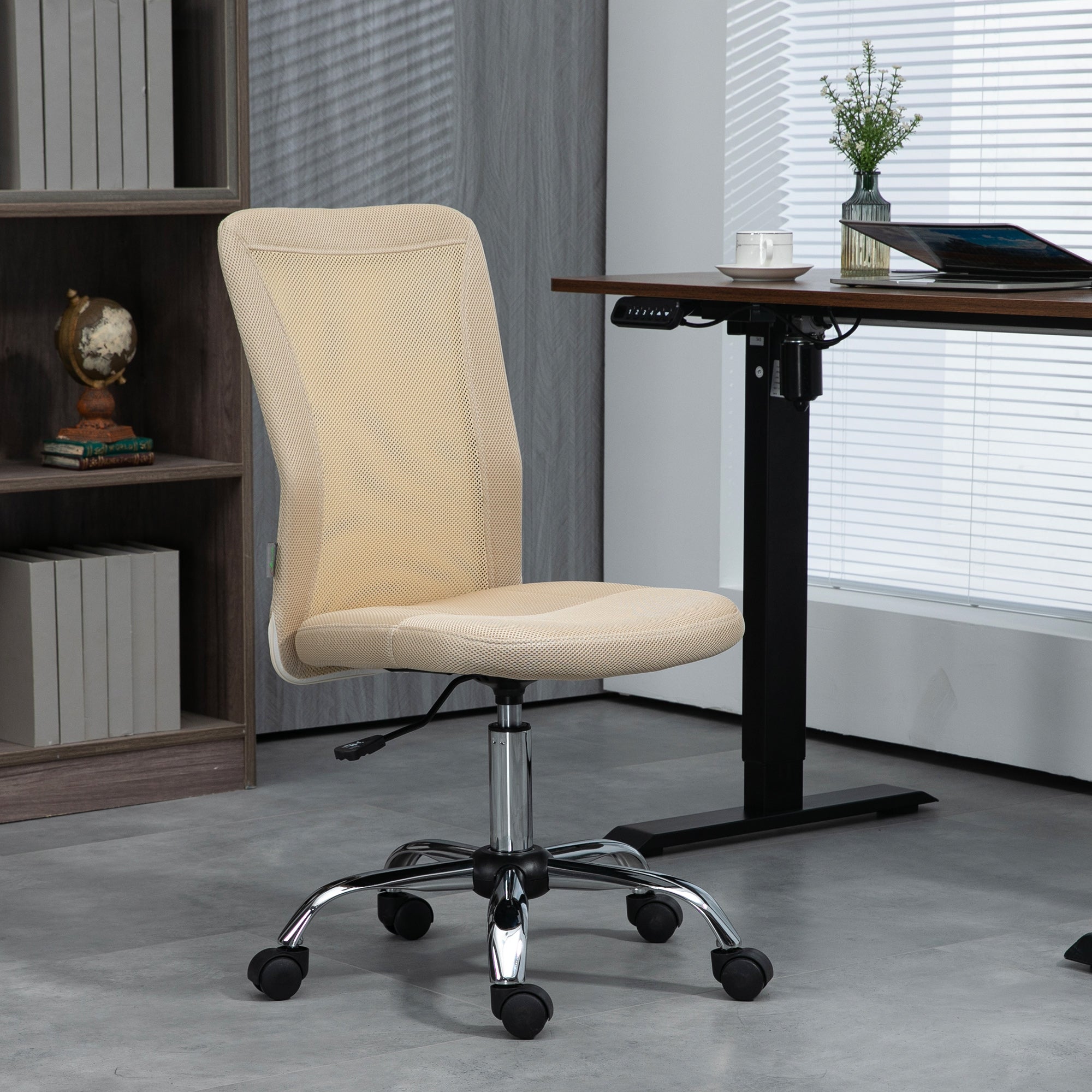 Vinsetto Computer Desk Chair, Mesh Office Chair with Adjustable Height and Swivel Wheels, Armless Study Chair, Beige - North Peak Garden Furniture