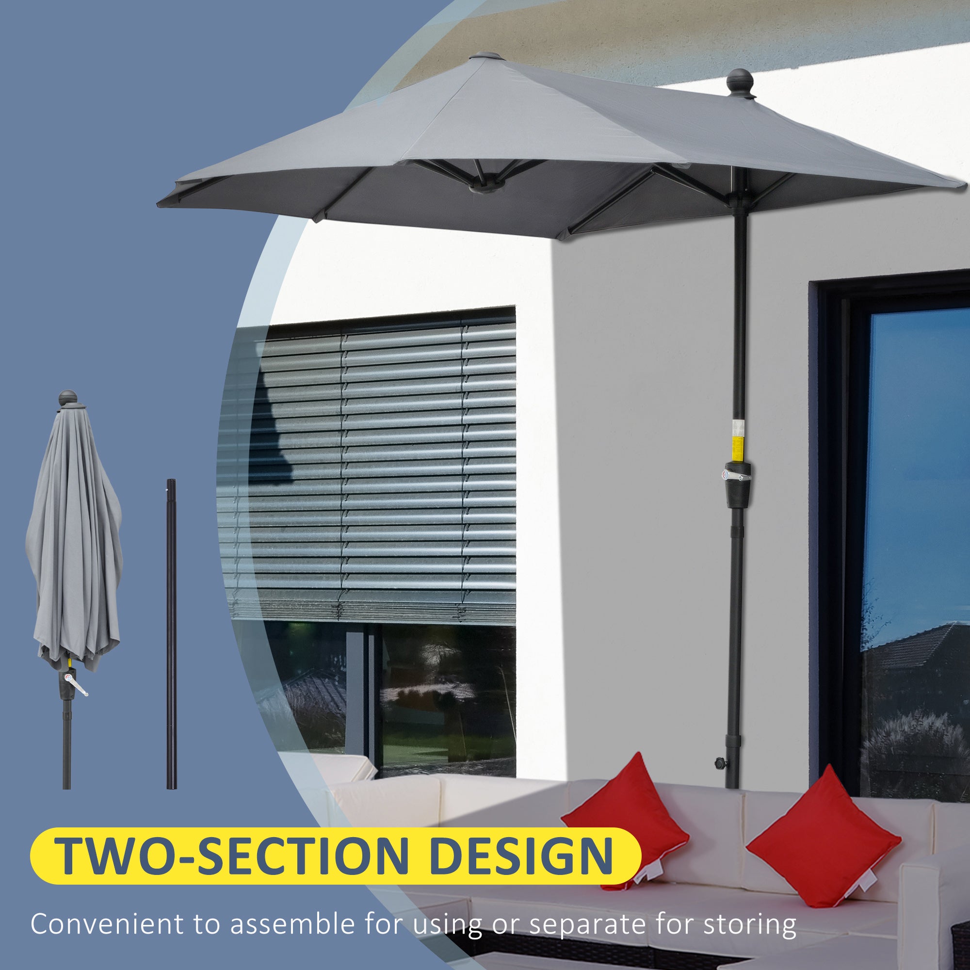 Outsunny 2m Half Parasol Market Umbrella Garden Balcony Parasol with Crank Handle, Base, Double-Sided Canopy, Dark Grey