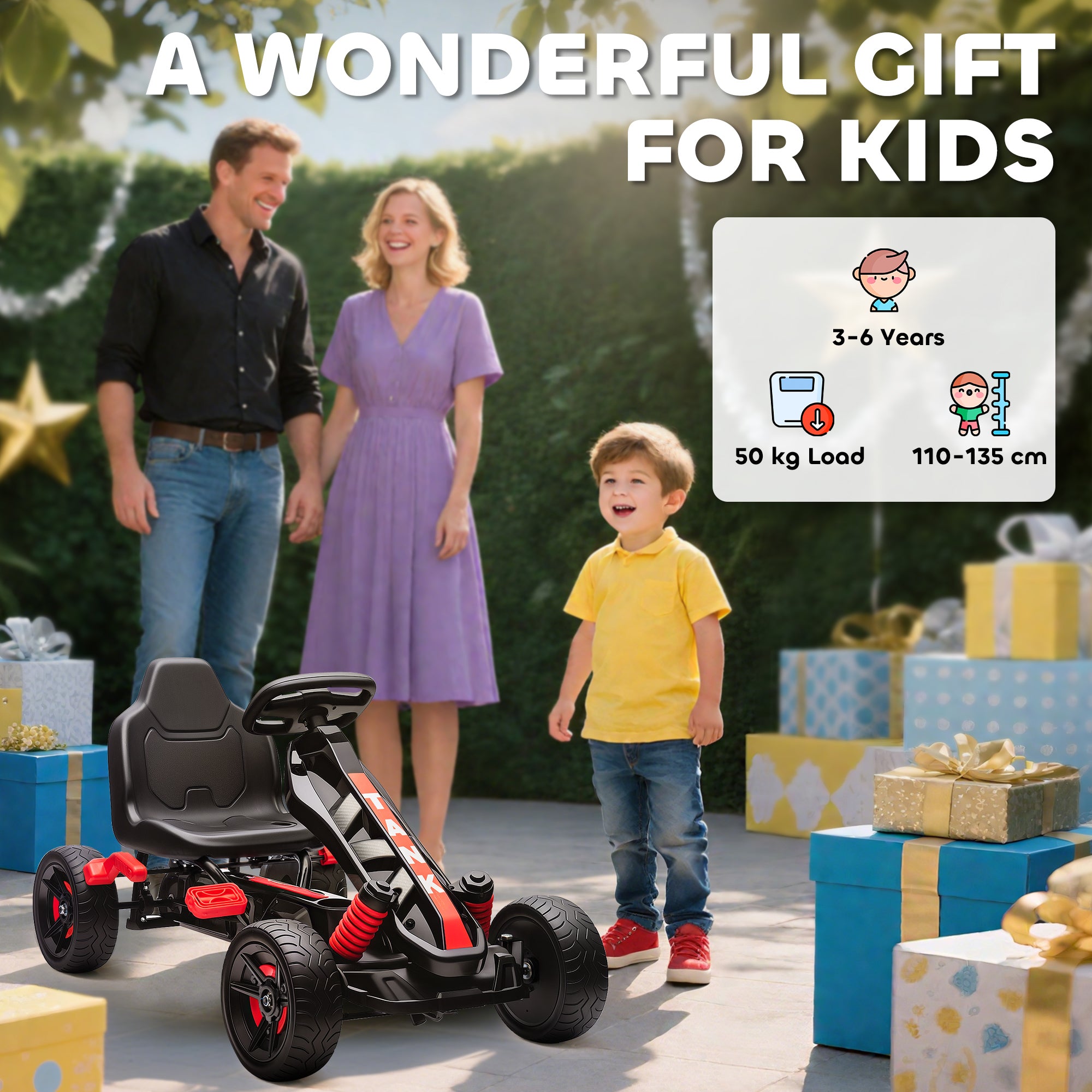 AIYAPLAY Pedal Go kart for Kids Ages 3-6 Years, with Automatic Clutch, Brake, EVA Anti-Slip Wheels, Red