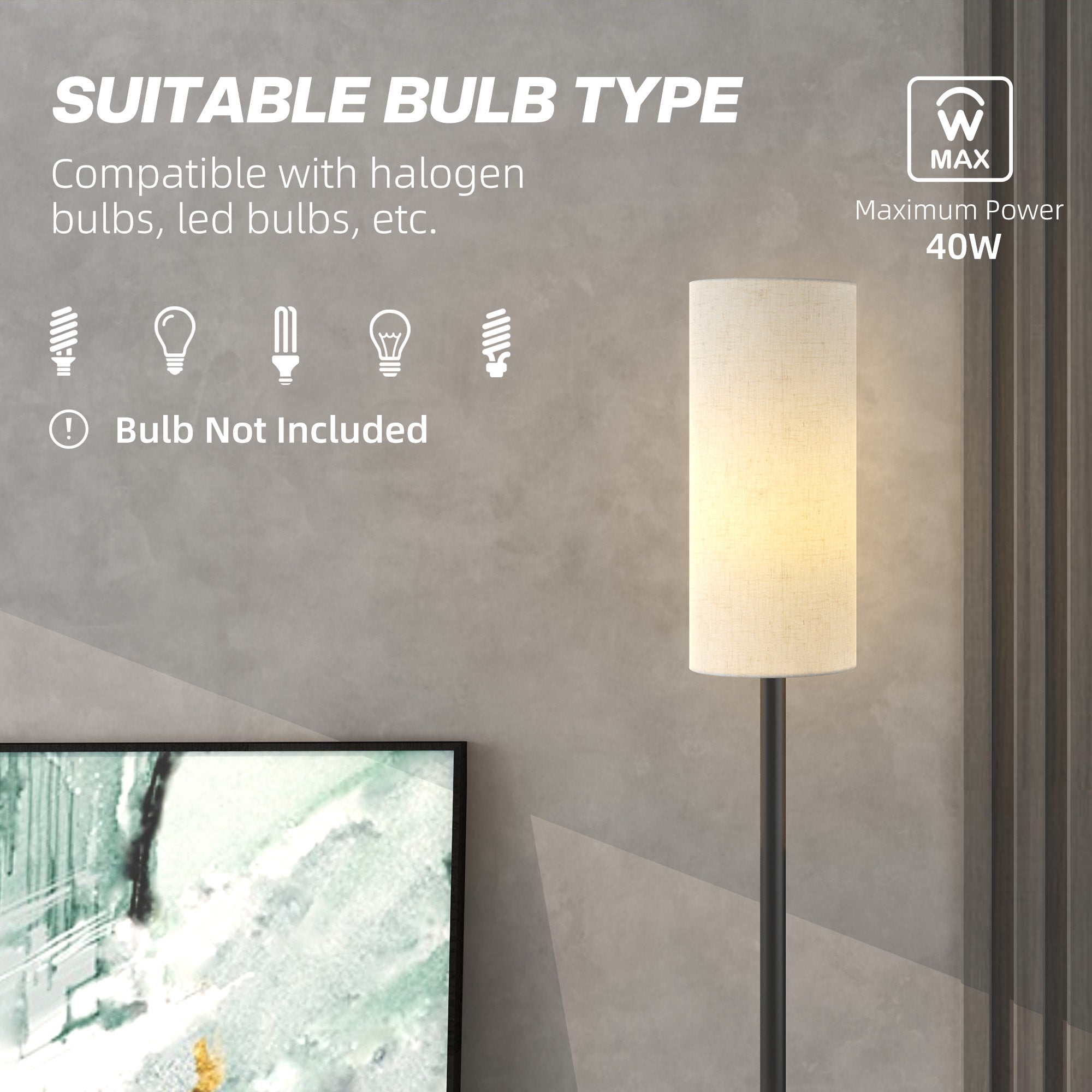 HOMCOM Floor Lamp for Living Room, Modern Standing Lamp with Linen Shade & Foot Switch, Minimalist Tall Pole Lampshade for Bedroom, Office, White - North Peak Garden Furniture