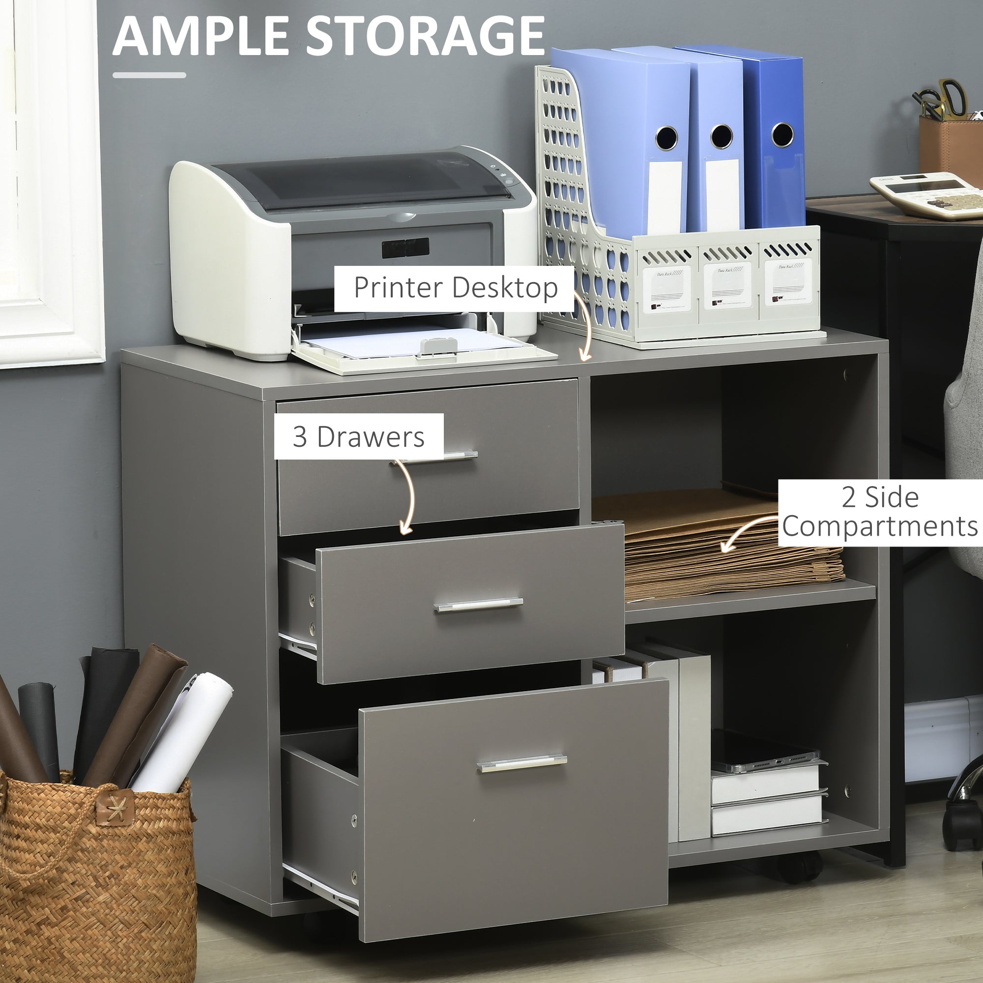 HOMCOM Freestanding Printer Stand Unit Office Desk Side Mobile Storage w/ Wheels 3 Drawers, 2 Open Shelves Modern Style 80L x 40W x 65H cm - Grey - North Peak Garden Furniture