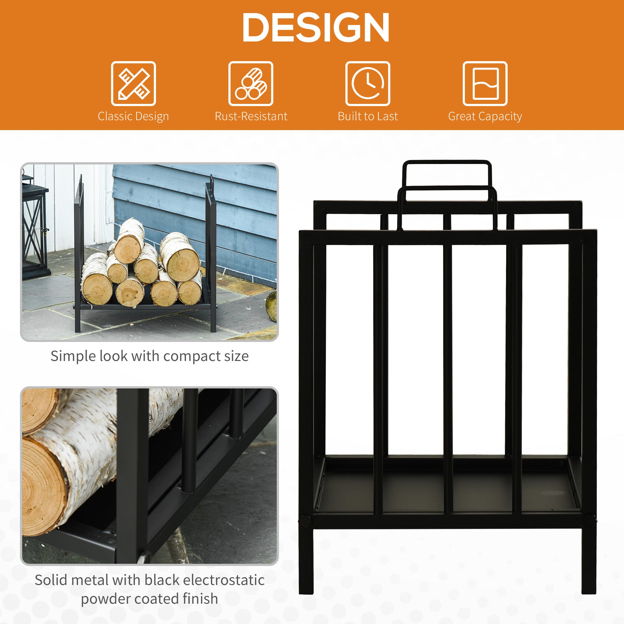 Outsunny Metal Firewood Log Holder Indoor Outdoor Firewood Rack Fireplace Wood Storage Shelf w/ Handles, Rust-Resistant, Black, 39L x 32.5W x 46Hcm - North Peak Garden Furniture
