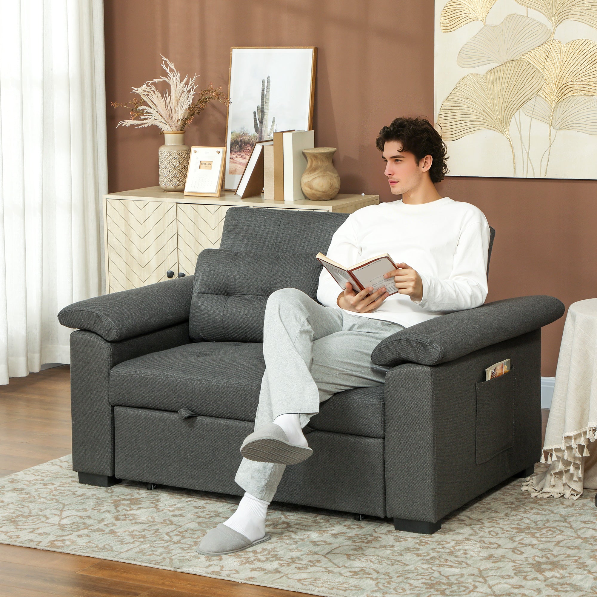 HOMCOM Pull Out Sofa Bed with 2 Pocket Springs, Fabric 2 Seater Click Clack Sofa Bed Settee, Convertible Sofa Couch with Pillows and Side Pockets for Living Room, Home Office, Charcoal Grey - North Peak Garden Furniture