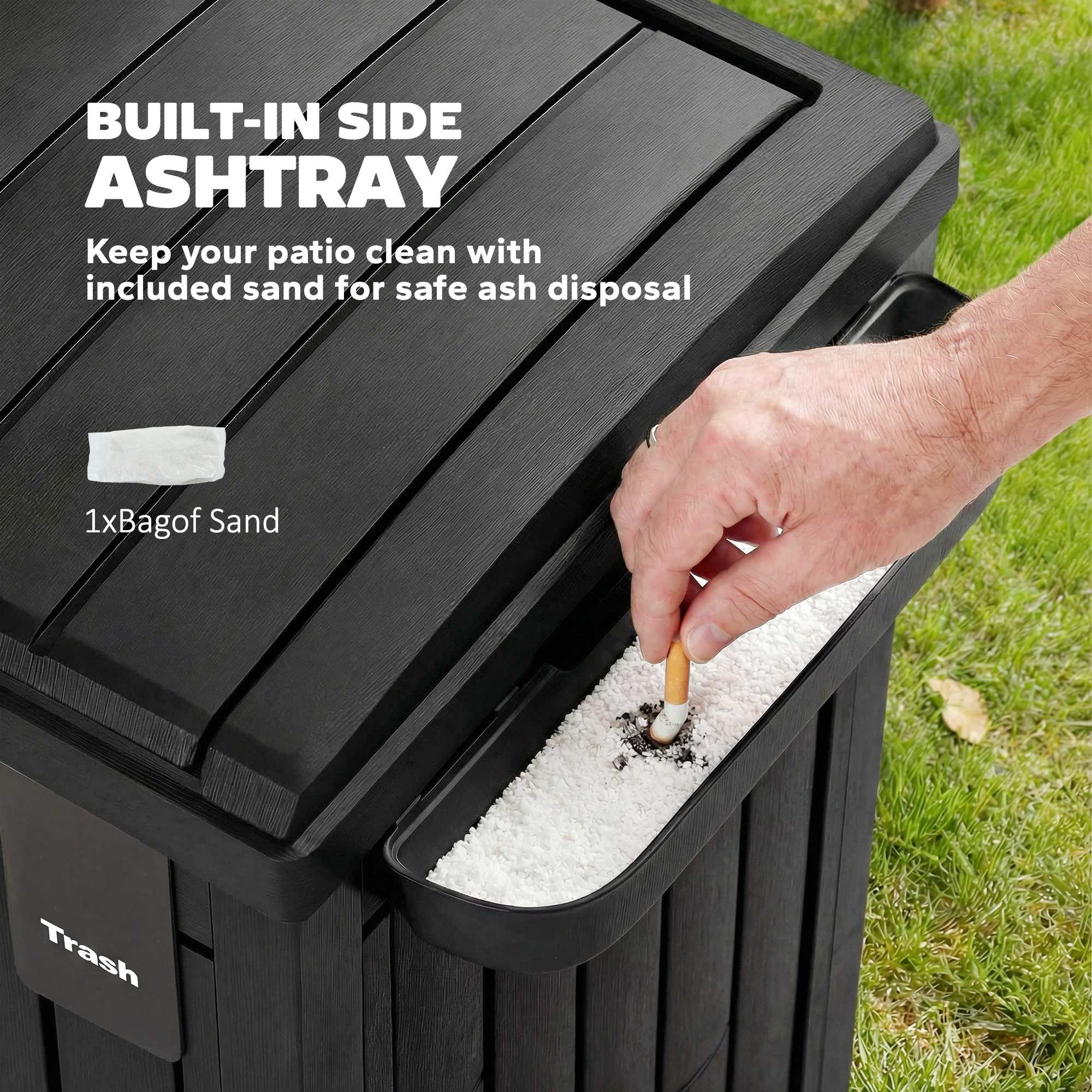 Outsunny 110 L Outdoor Bin with Dual Lid, Waterproof Plastic Trash Bin with Ashtray and Drip Tray, Garden Waste Trash Bin, Black